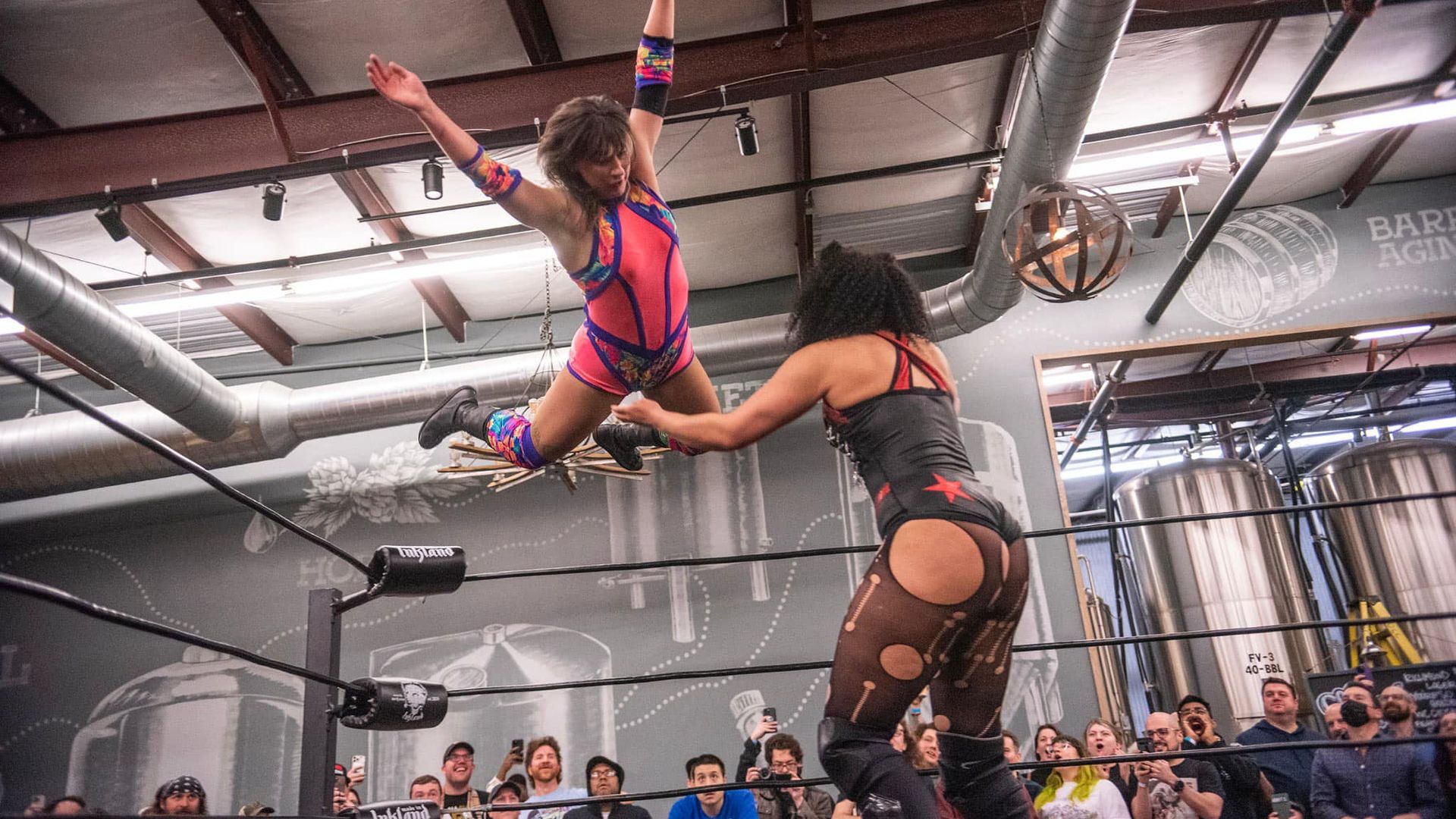 two women wrestling, one leaping from ceiling 