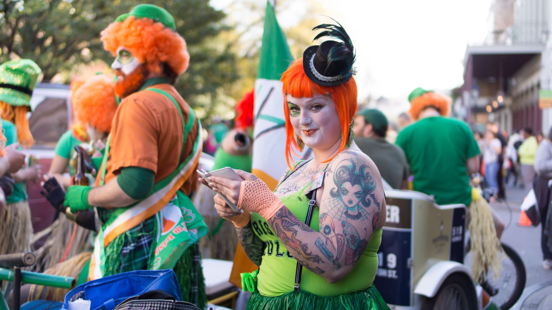 Photo shows people dressed up for St. Patrick's Day