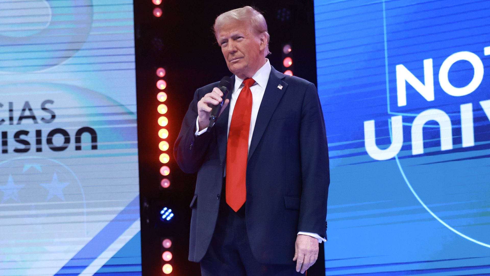 Republican presidential nominee, former U.S. President Donald Trump looks on during a Univision Noticias town hall event on October 16, 2024 in Doral, Florida.