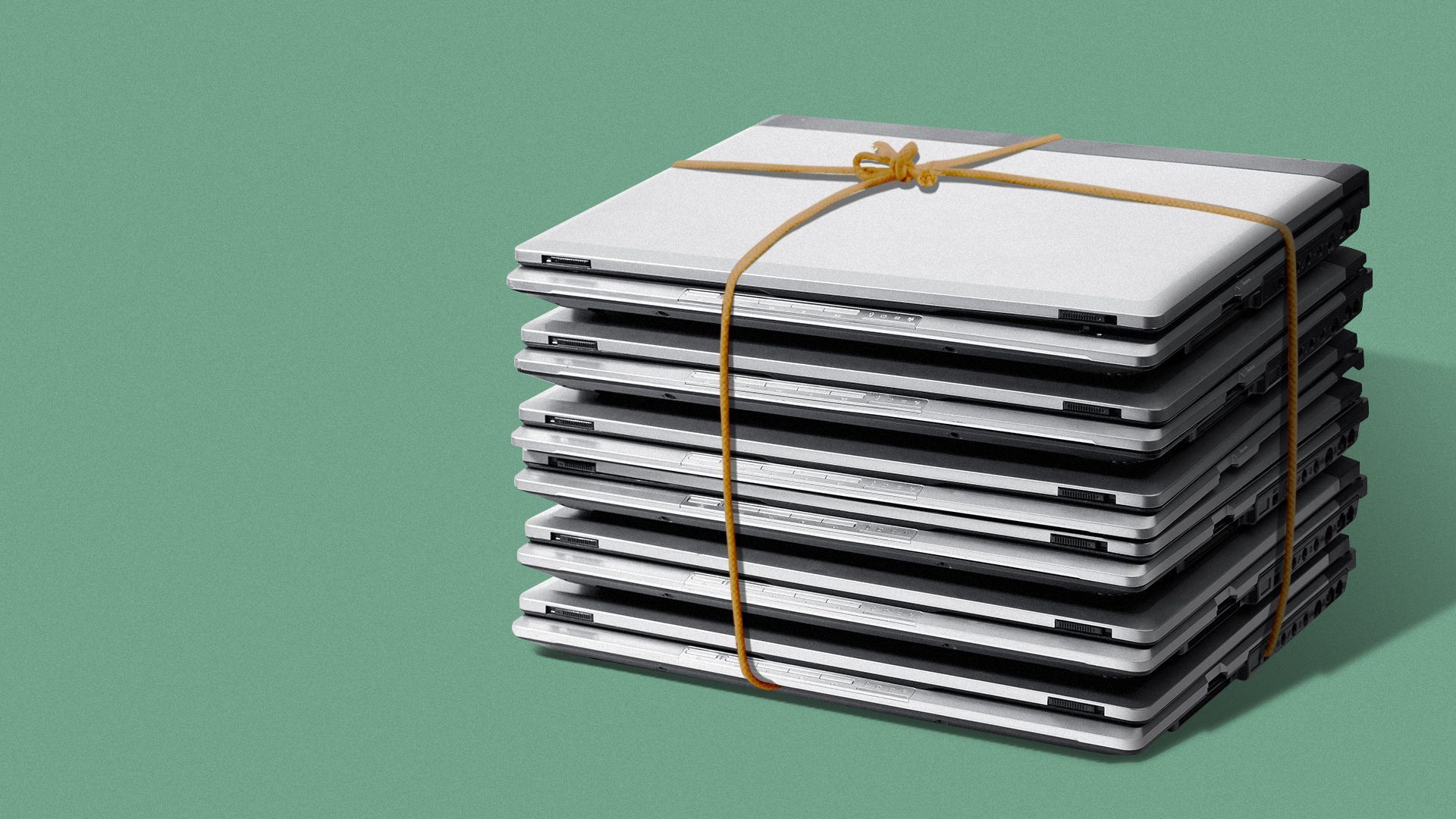 Illustration of a stack of laptops tied together with twine mimicking a stack of newspapers.
