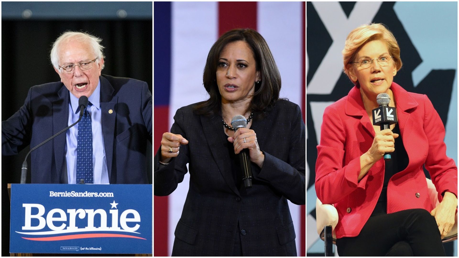Bernie Sanders, Kamala Harris, Elizabeth Warren pictures in a collage
