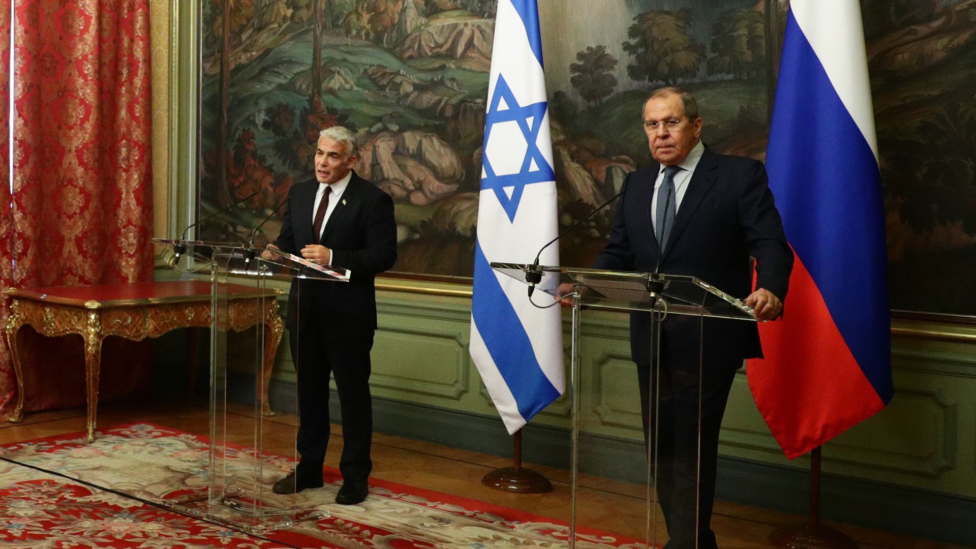 Russia's Foreign Minister Sergey Lavrov (right) and Israel's Foreign Minister Yair Lapid speak in Moscow in September 2021. Photo: Russian Foreign Ministry/TASS via Getty Images