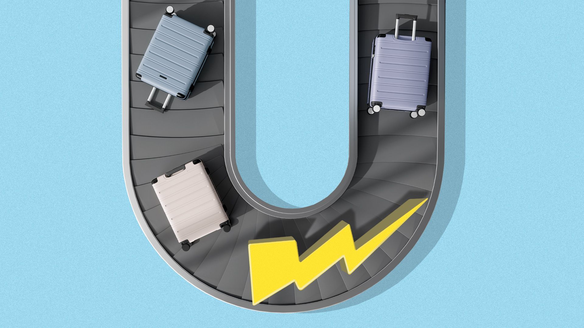 Illustration of a luggage conveyor belt with a lightning bolt among the suitcases