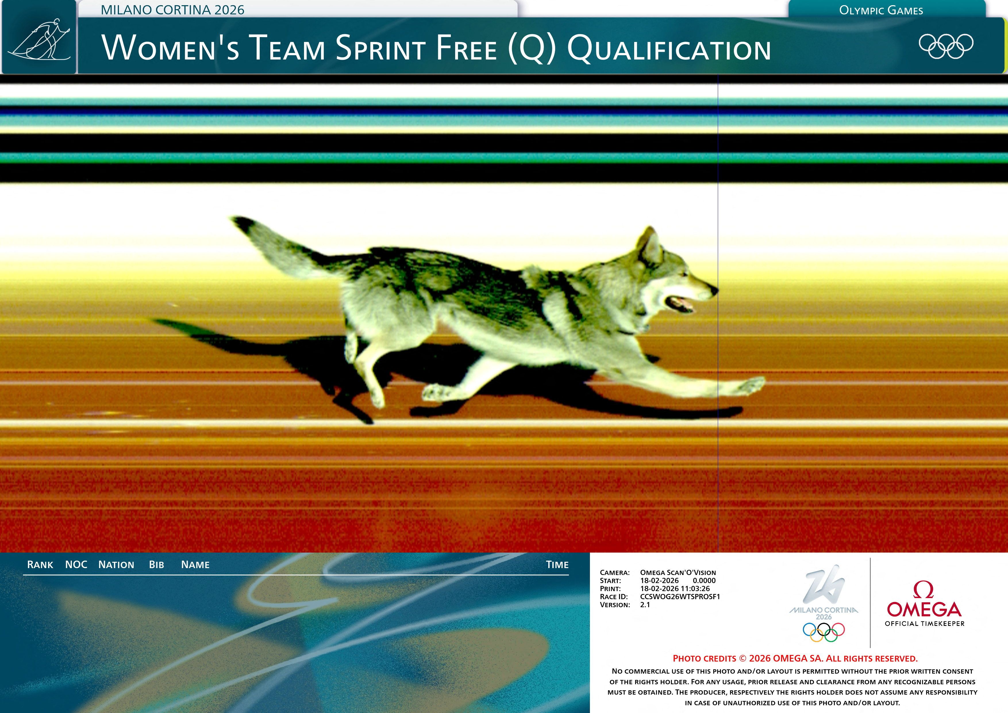 A photo finish camera captures the dog crossing the finish line.