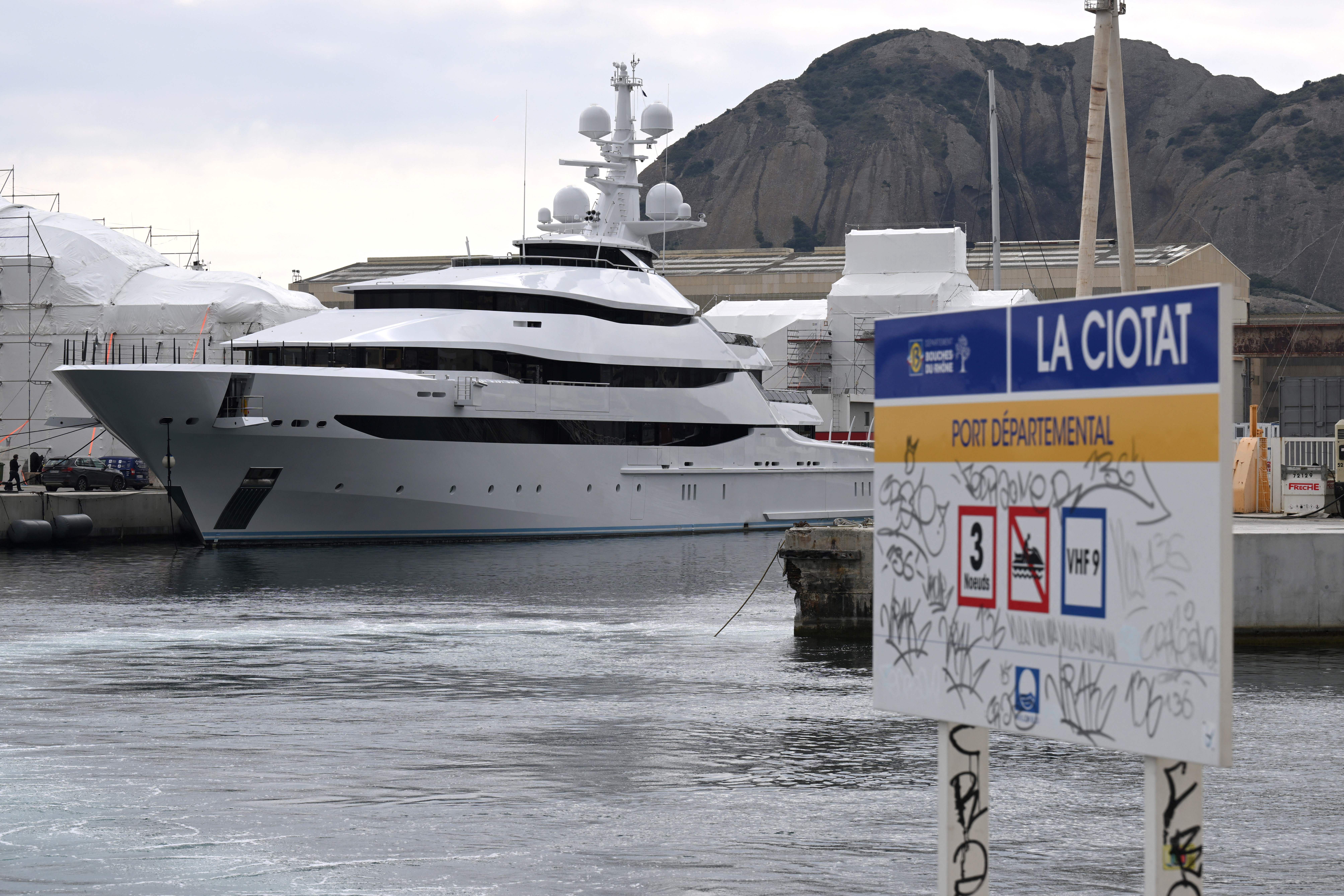 The Amore Vero yacht in a shipyard near Marseille, southern France, on March 3. Photo: Nicolas Tucat/AFP via Getty Images