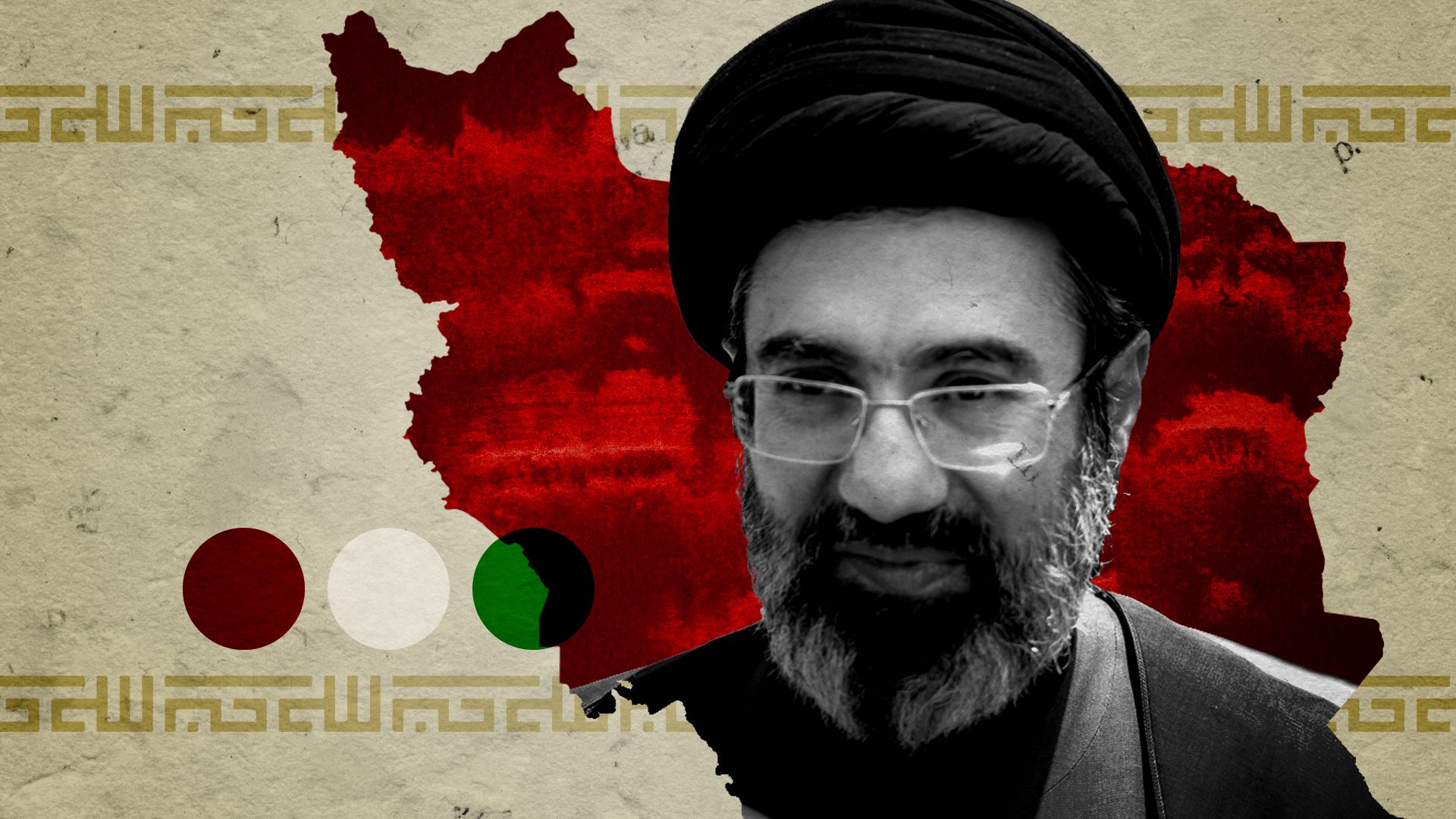 Photo illustration of Mojtaba Khamenei surrounded by abstracted elements of the Iranian flag. 
