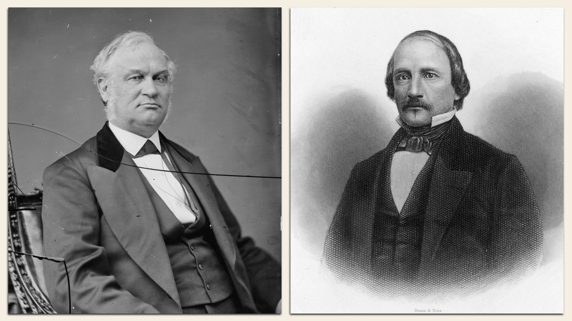 Two side-by-side grayscale portraits: left shows a stern, white-haired man in a formal suit; right shows an engraved 19th-century man with a mustache, bow tie, and dark coat.
