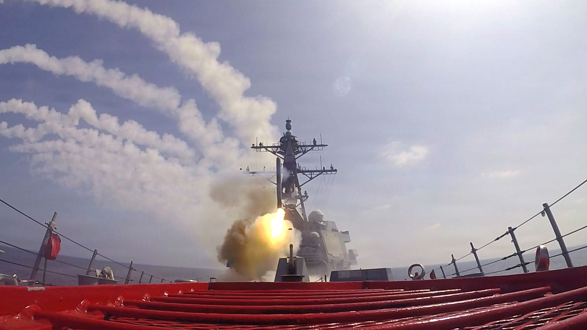 A Tomahawk missile launches from the USS Frank E. Petersen Jr. at sea during Operation Epic Fury.