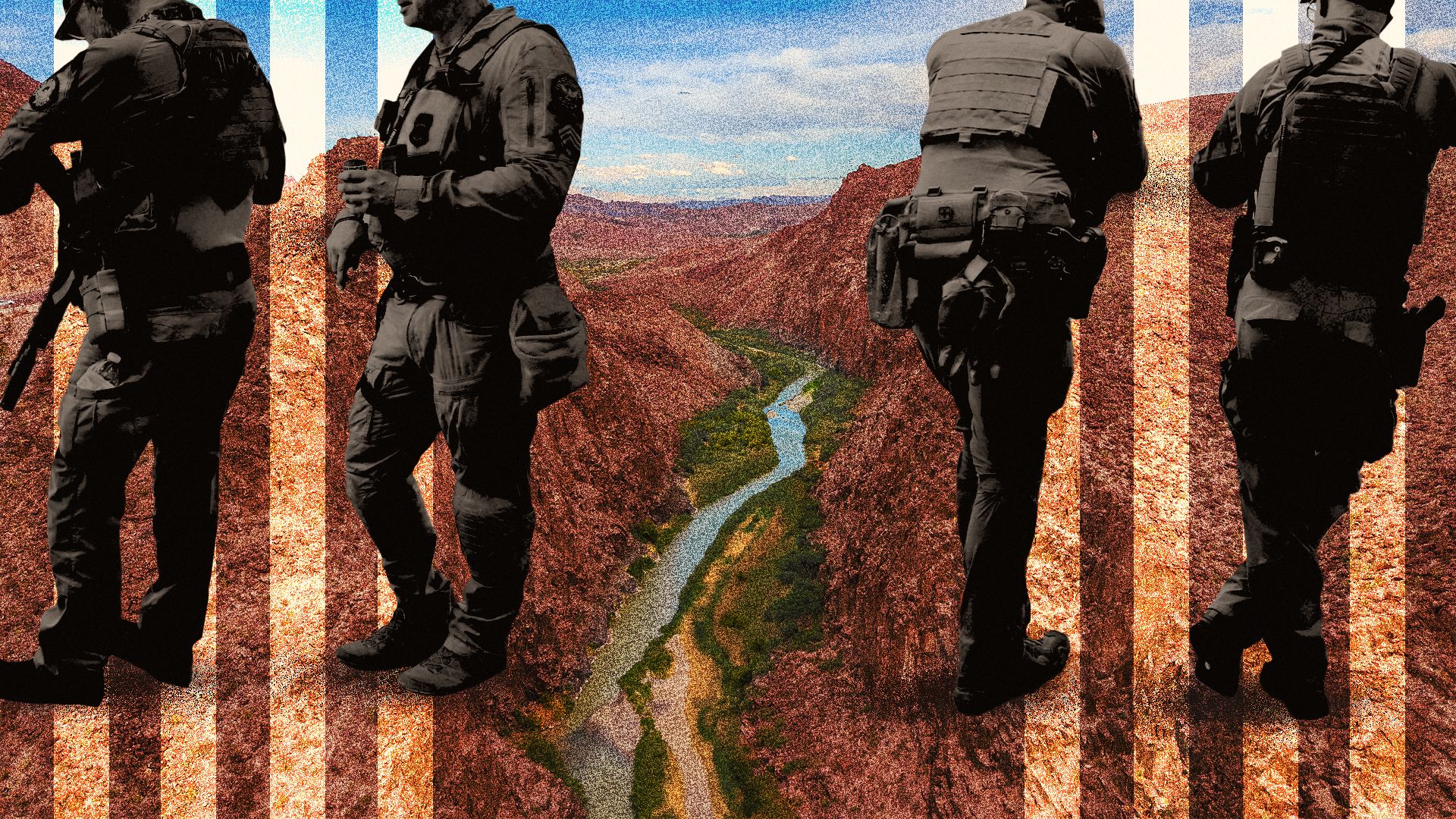 Photo illustration collage of security personnel large against the Rio Grande with vertical lines all around.