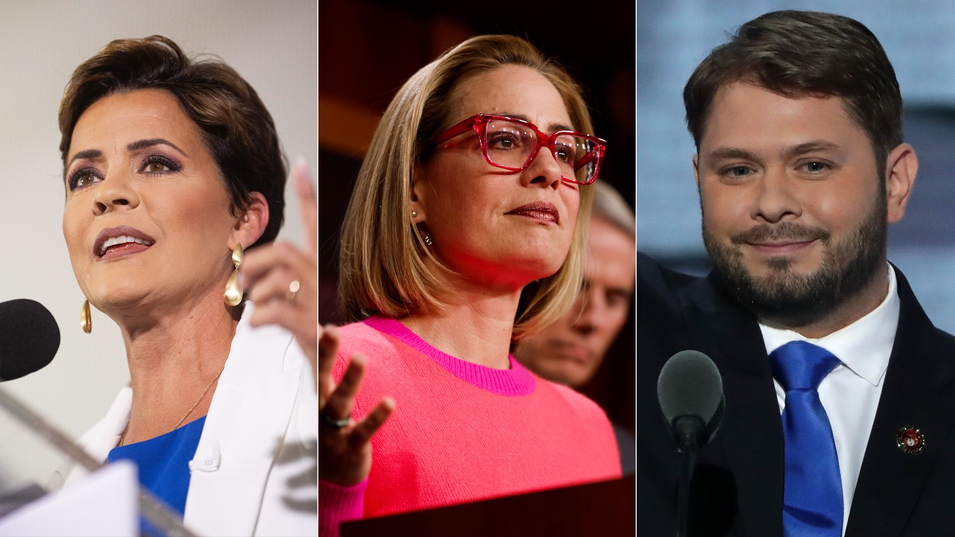 Side by side head shots of two women and one man.
