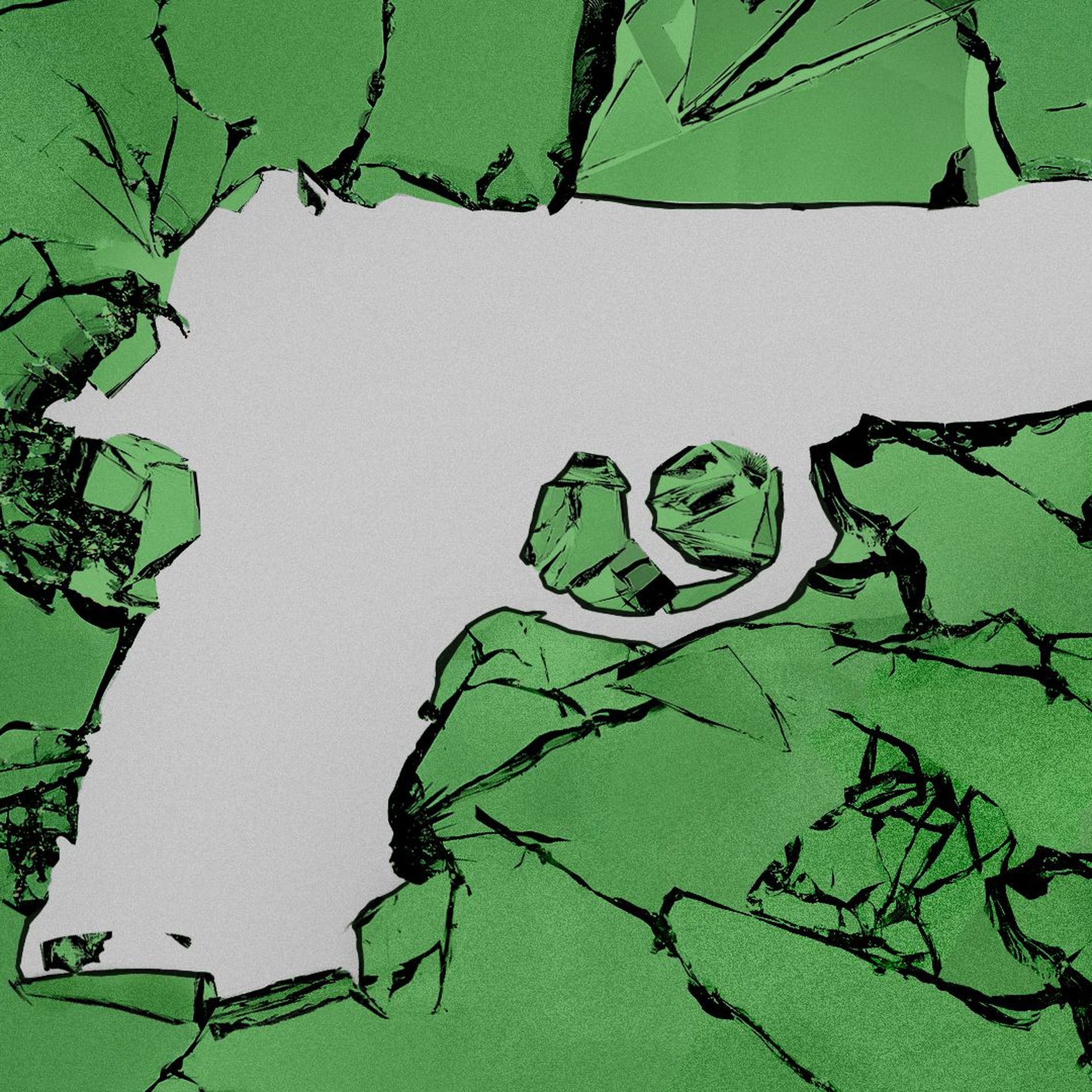 Illustration of shattered glass in the shape of a gun.