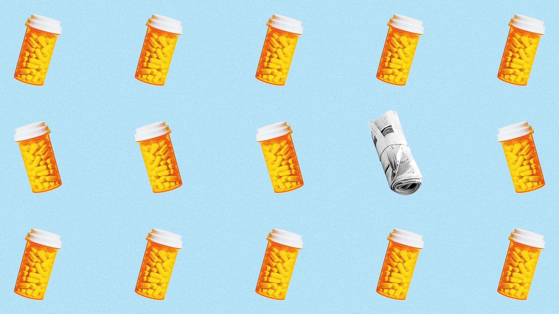 Illustration of a repeating pill bottle pattern with one rolled up newspaper.