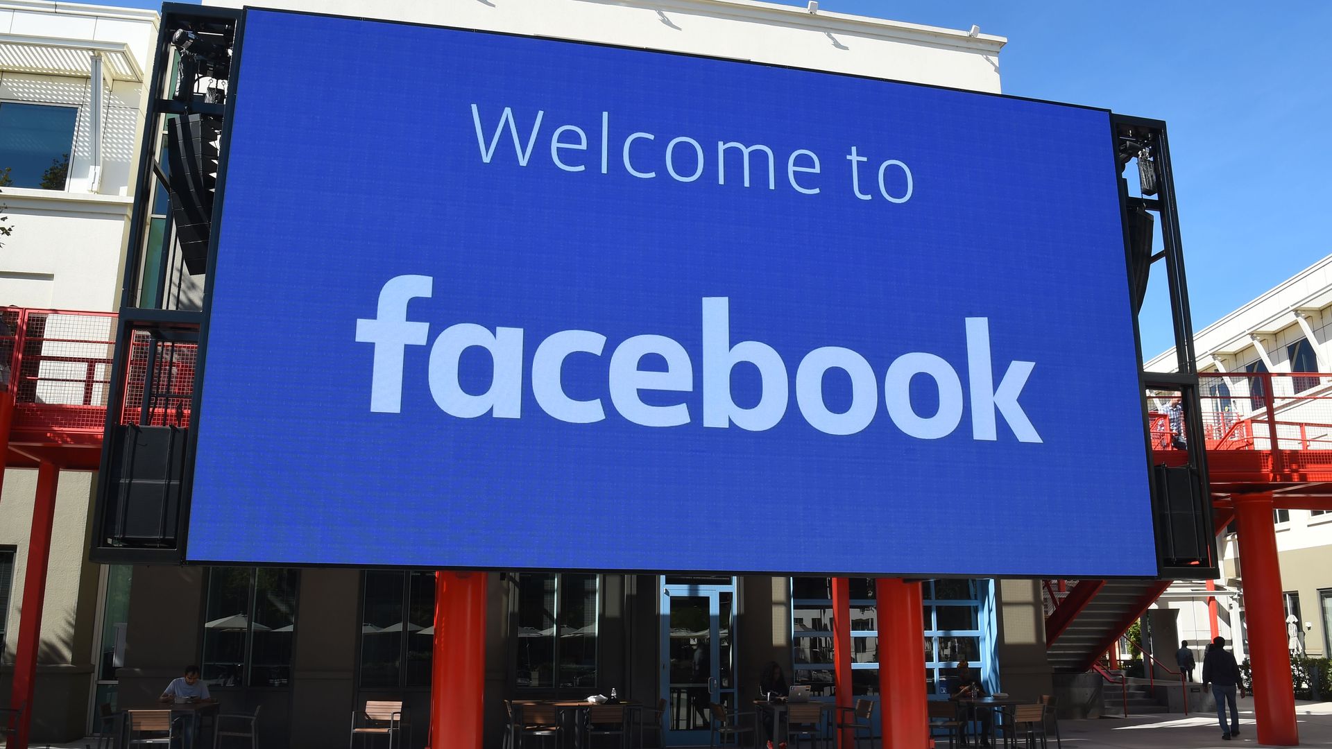 Photo of "Welcome to Facebook" sign outside Facebook headquarters