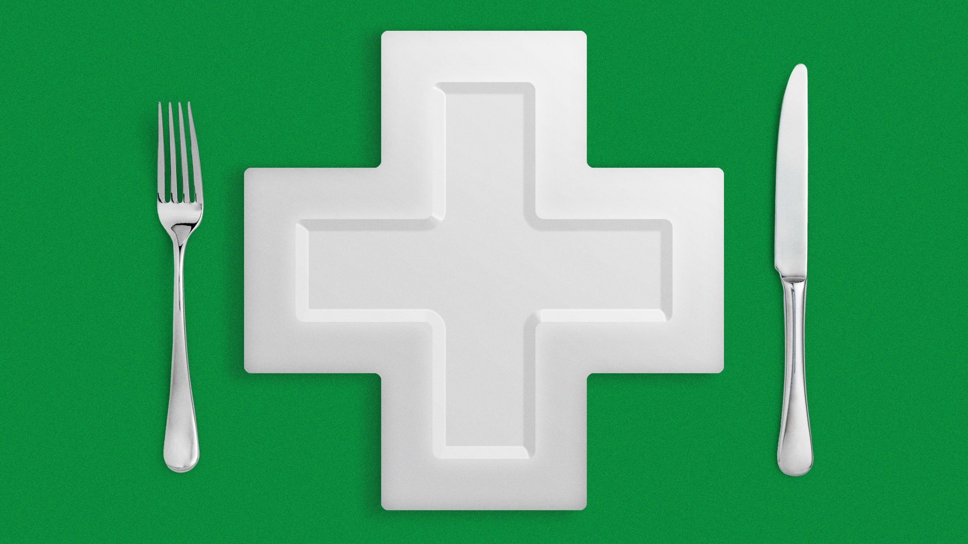 Illustration of a plate shaped like a health cross with a knife and fork on either side.