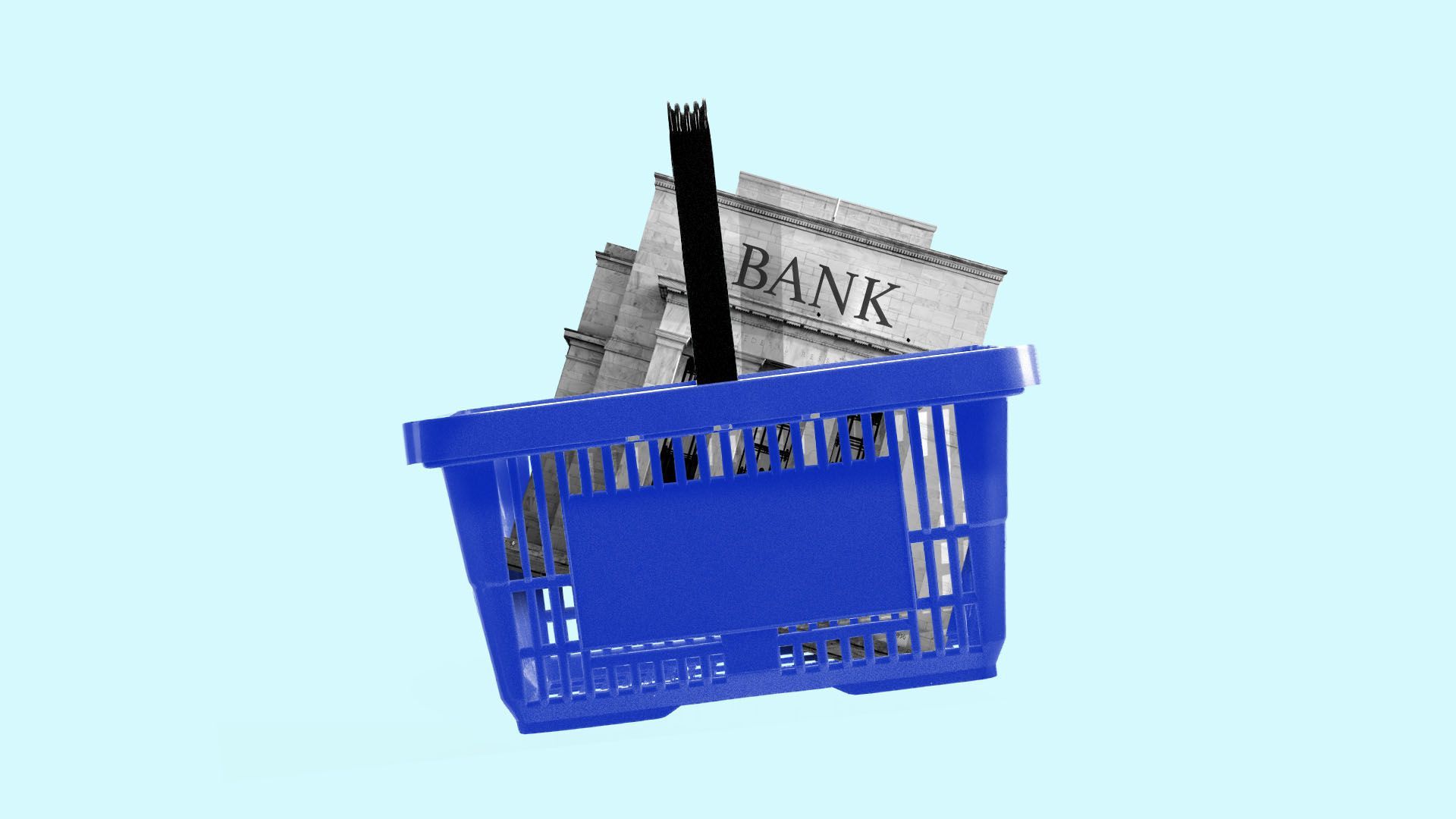 Illustration of a supermarket basket with a bank inside.