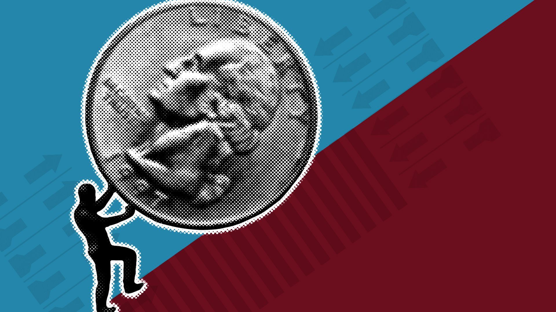 Illustration of a man pushing a quarter up a steep hill with ballot elements in the background.