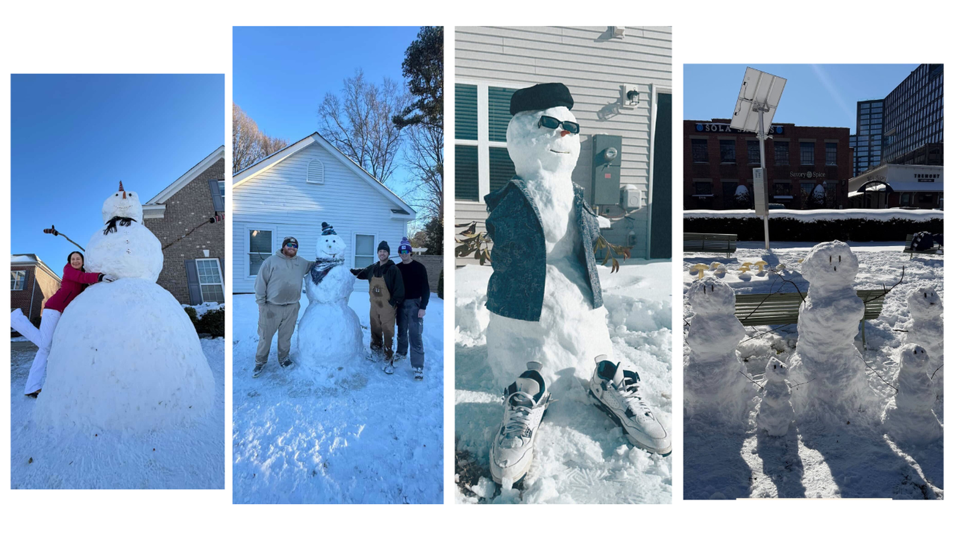 Four photos of creative snowmen: a large one with a woman hugging it, a snowman with a scarf surrounded by three men, a snowman wearing sunglasses, a jacket, and sneakers, and a group of smaller snow people with stick arms.