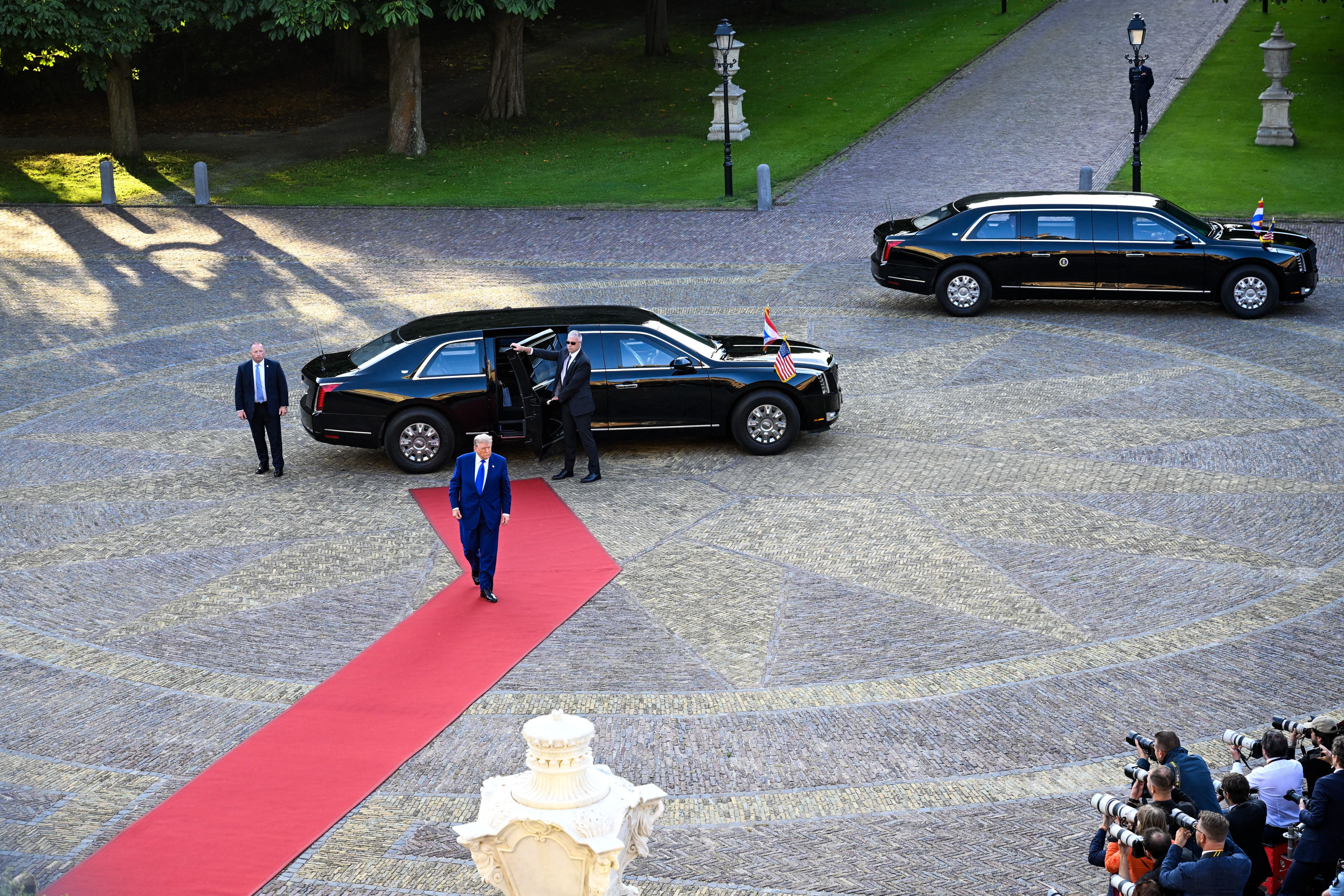 President Donald Trump arrives for a social dinner at the 'Huis ten Bosch' Royal Palace during a North Atlantic Treaty Organization (NATO) Heads of State and Government summit in The Hague, on June 24, 2025. NATO leaders hold a two-day summit on June 24 and 25 in The Hague. (Photo by Mischa Schoema