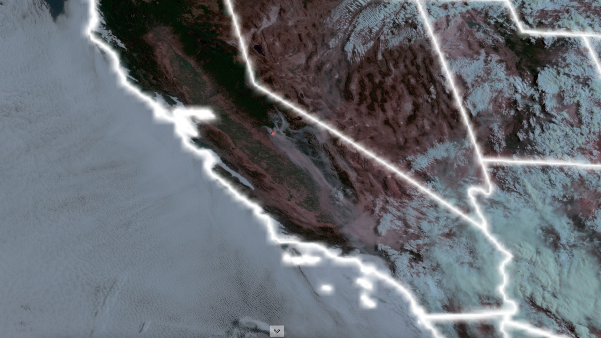 Satellite image of the Oak Fire and its smoke filling the area in and near Yosemite National Park. 