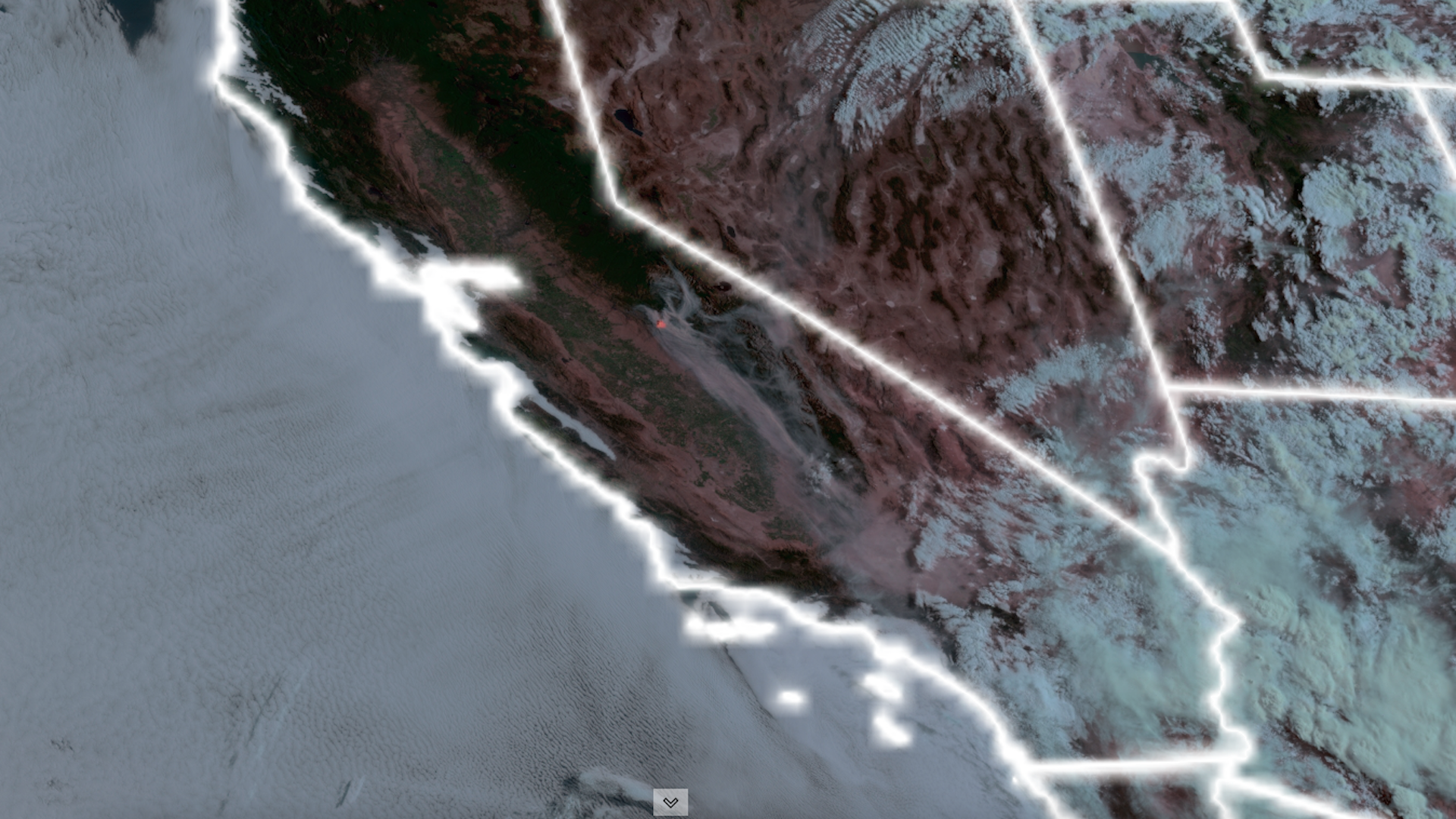 Satellite image of the Oak Fire and its smoke filling the area in and near Yosemite National Park.