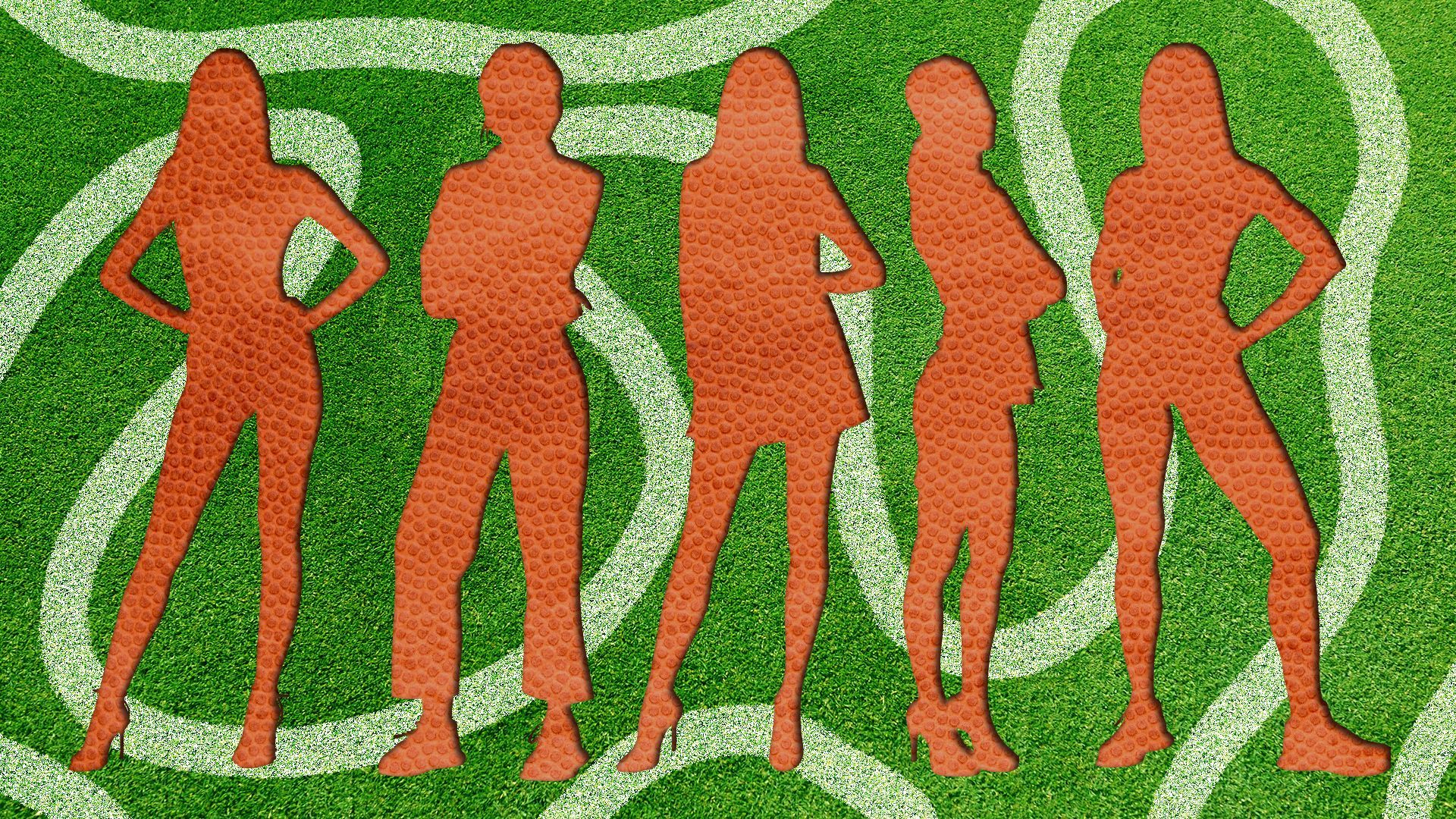 Illustration of a silhouette of women standing in fashionable and empowering poses, made out of a texture of football leather on a green field, with squiggly white lines painted all around. 