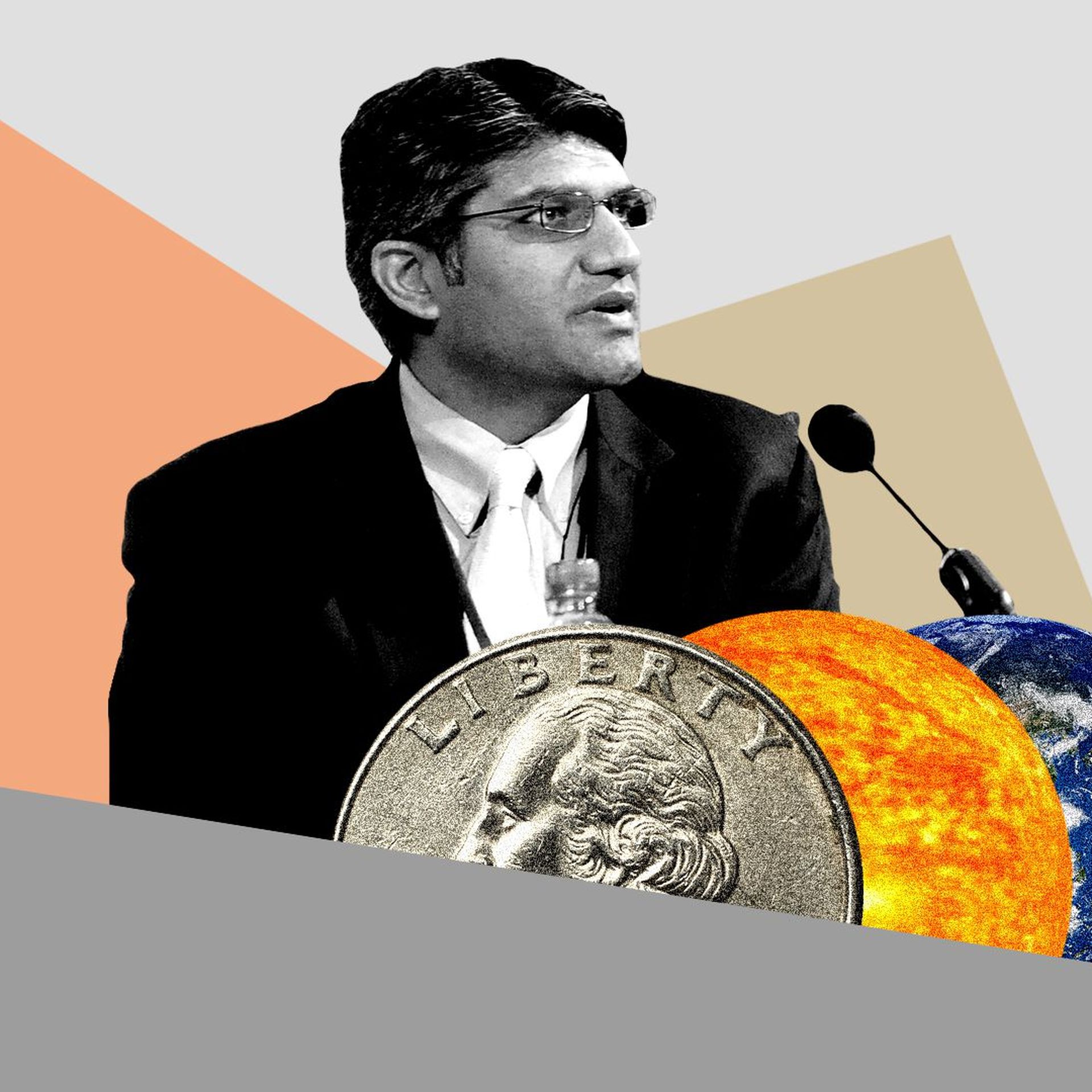Photo illustration collage of Jigar Shah, money, an earth and sun
