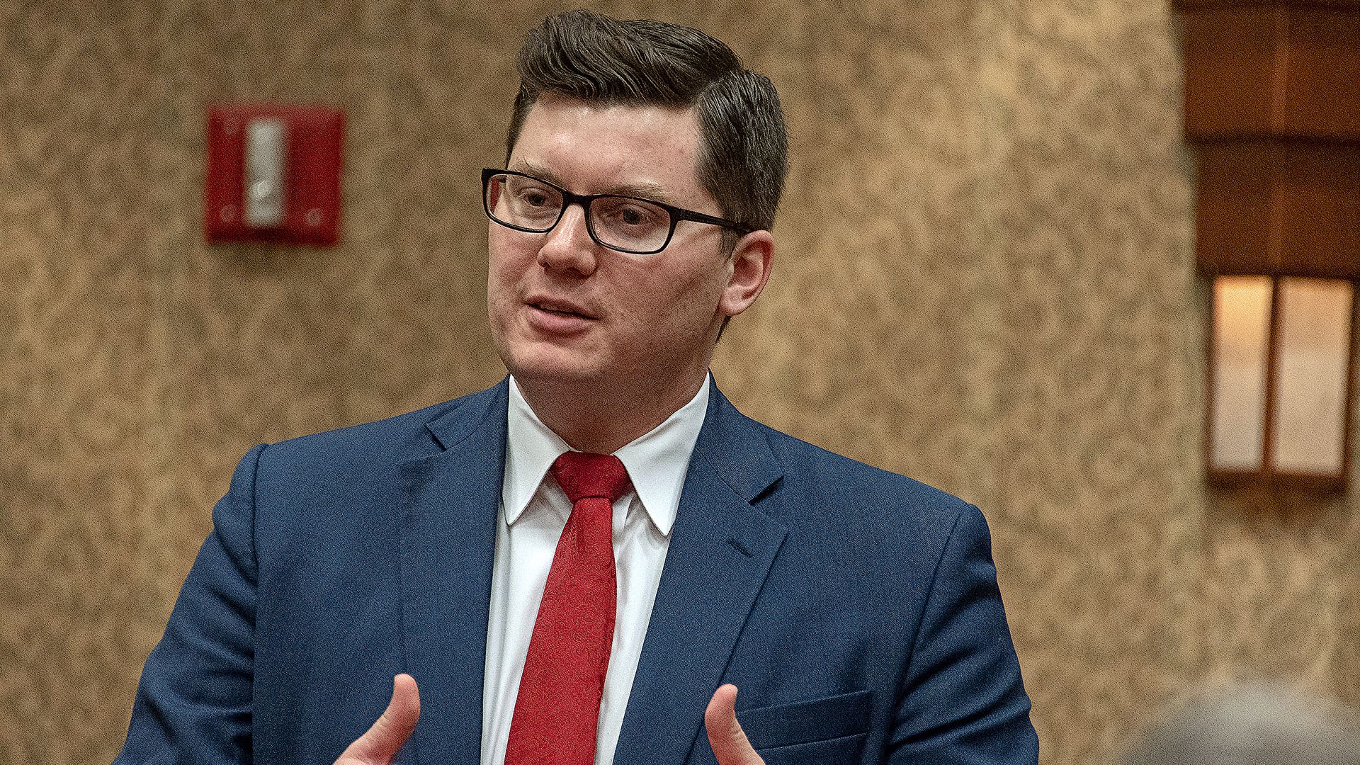 Kansas State Treasurer Jake LaTurner talks with members of the 2nd congressional district during meeting at the annual GOP convention in Topeka, Kansas, February 16, 2019. 