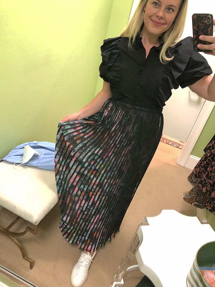 Charlotte's pleated colorful floral skirt