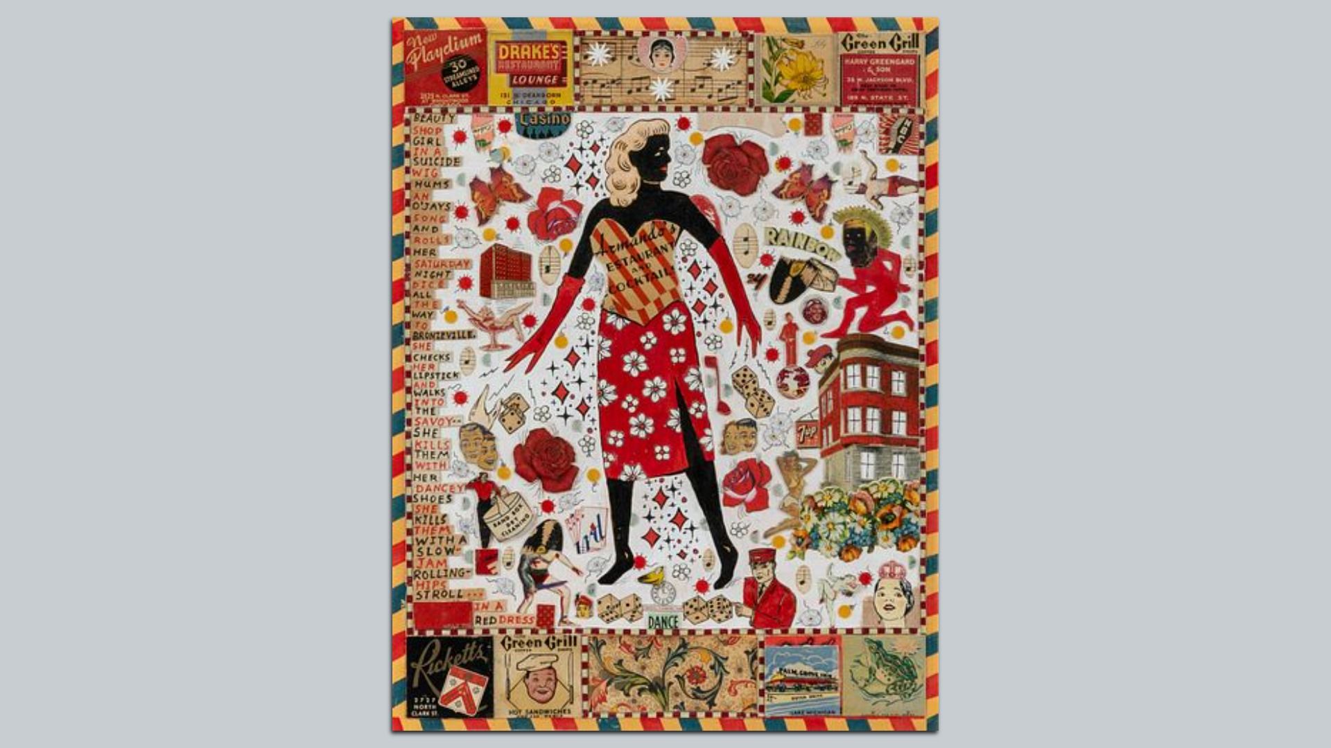 Colorful collage of a tall black silhouette woman in a red floral dress with blonde curls and red gloves, surrounded by doodles, flowers, dice, buildings, ads, and text fragments; striped border.