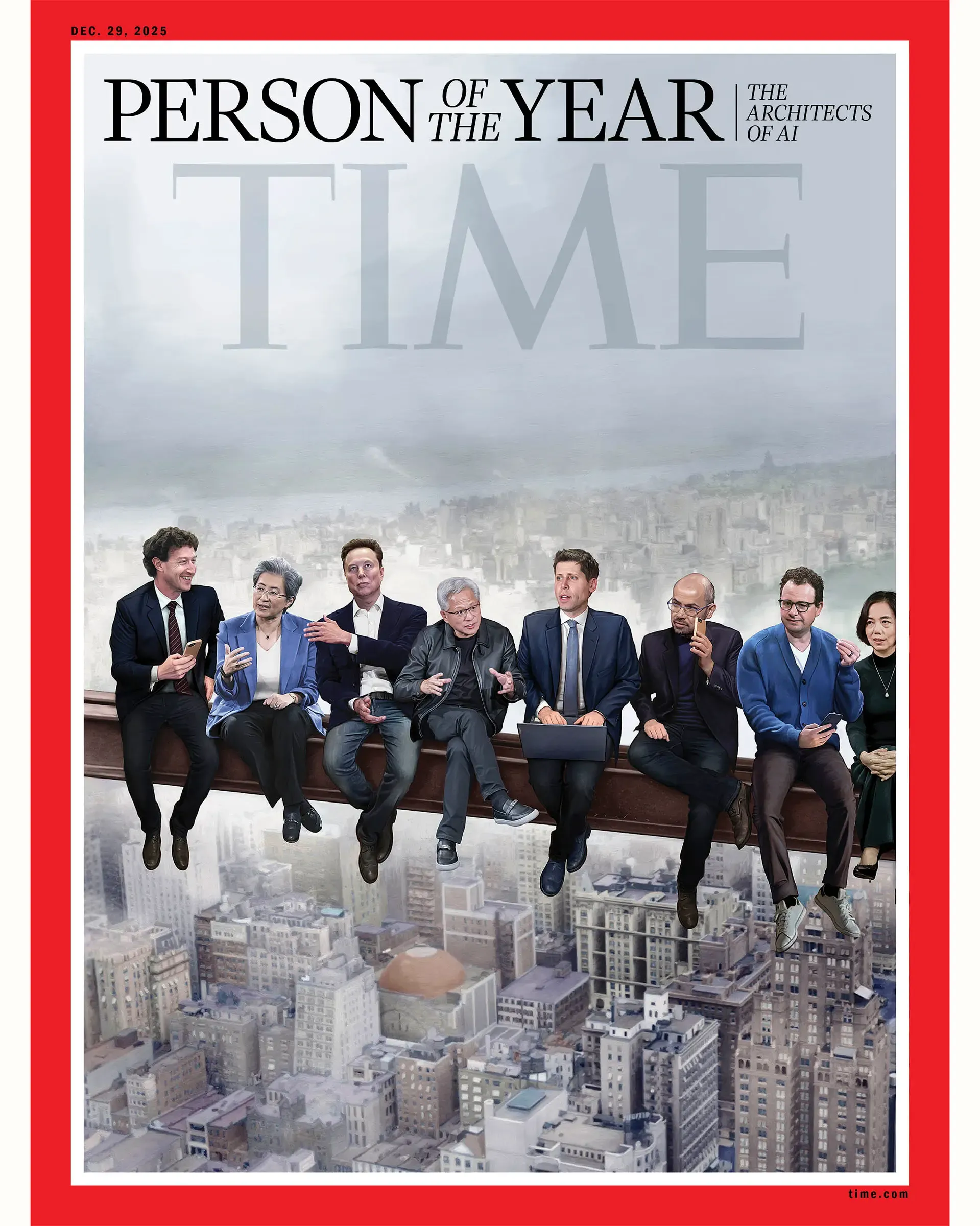 TIME magazine cover dated Dec. 29, 2025, titled "Person of the Year: The Architects of AI," showing eight individuals sitting on a steel beam above a cityscape background.