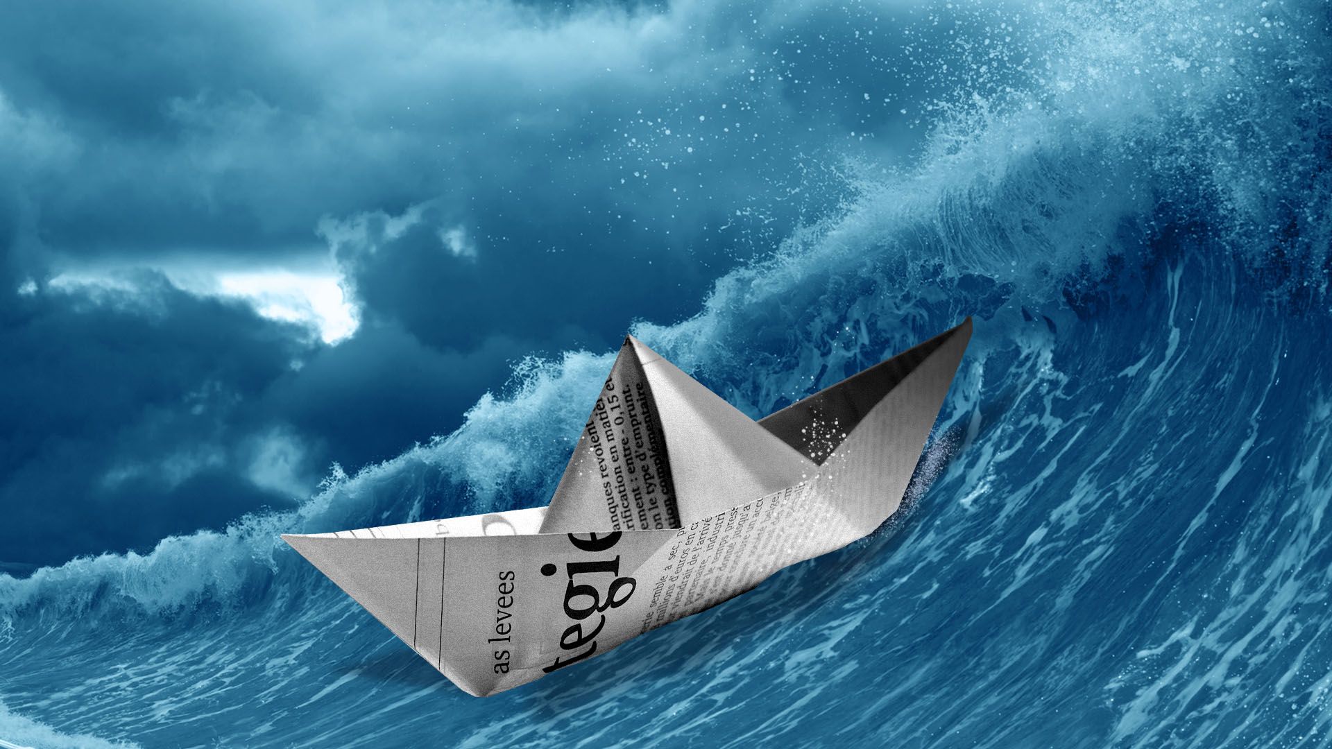 Illustration of a newspaper boat caught in a giant wave