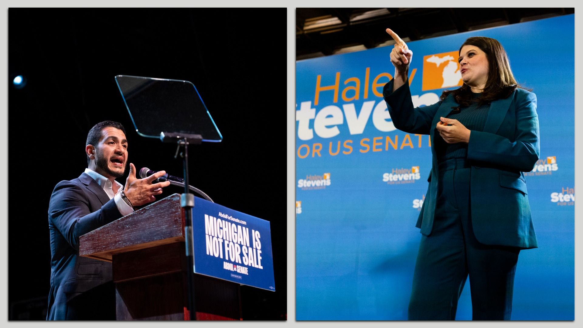 Abdul El-Sayed, left, and U.S. Rep. Haley Stevens speak at their respective watch parties early Wednesday.