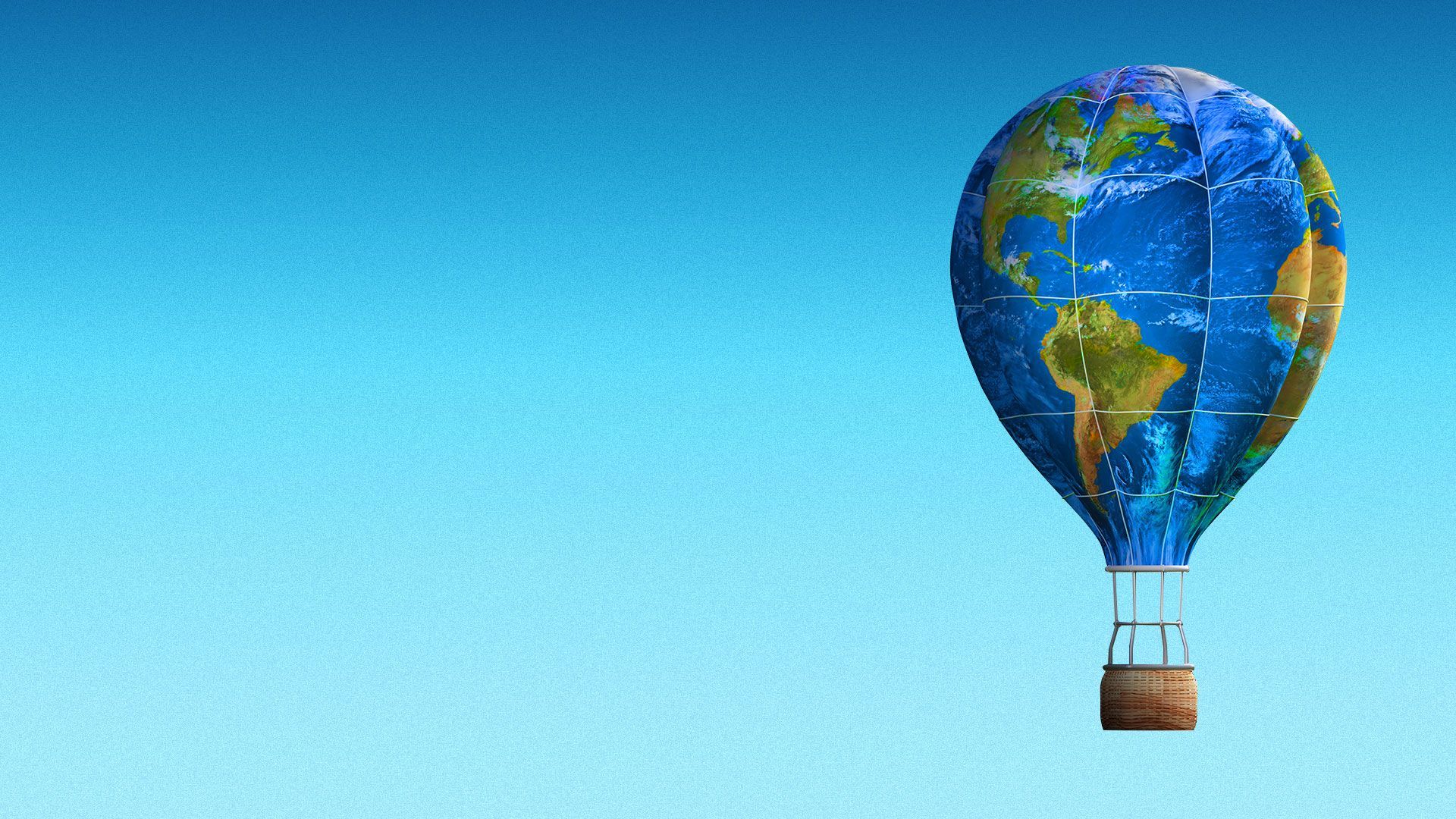 Illustration of a hot air balloon with the Earth as the balloon portion. 
