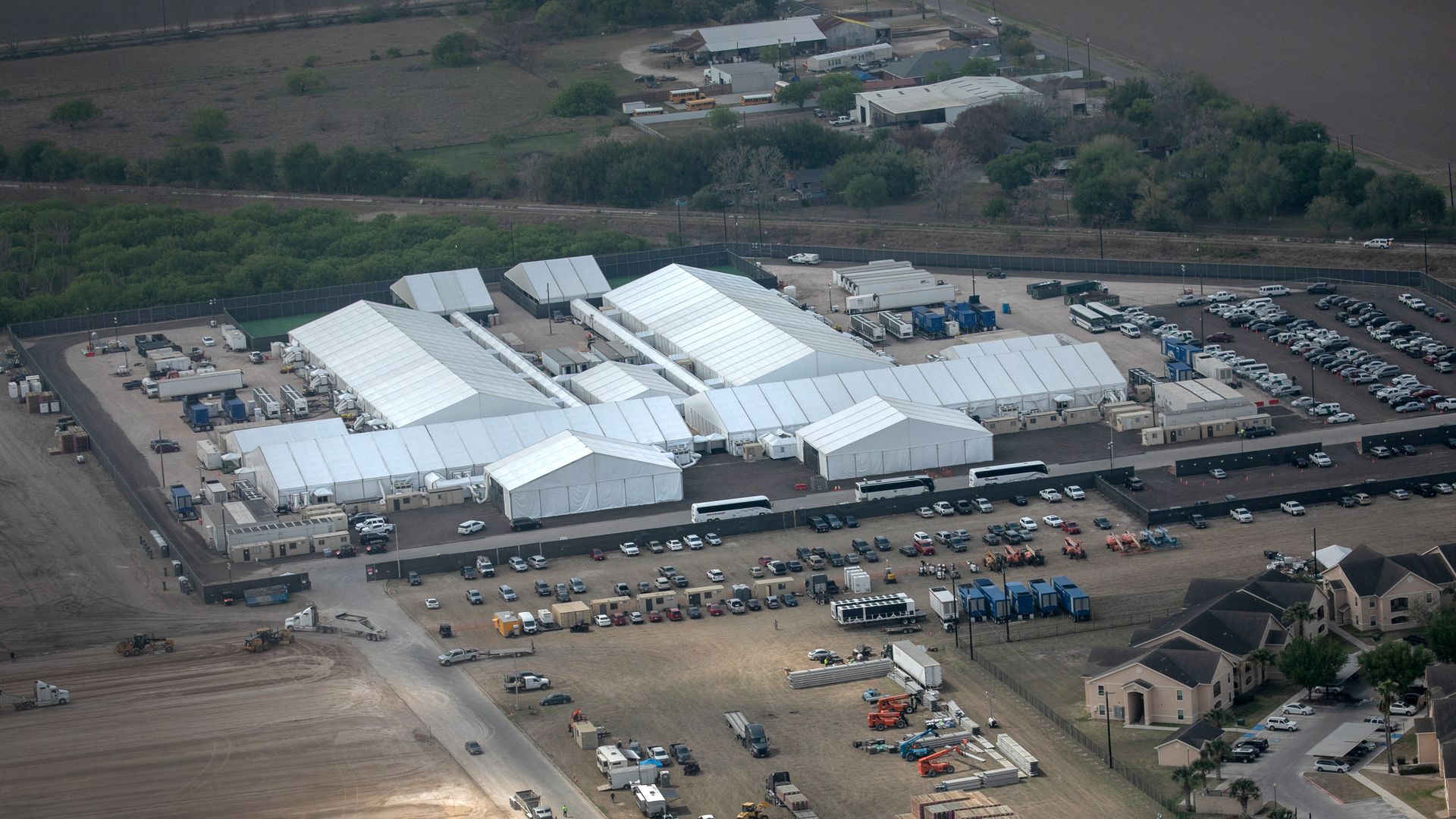 The Customs and Border Protection migrant holding facility in Donna, Texas, is seen from the air.