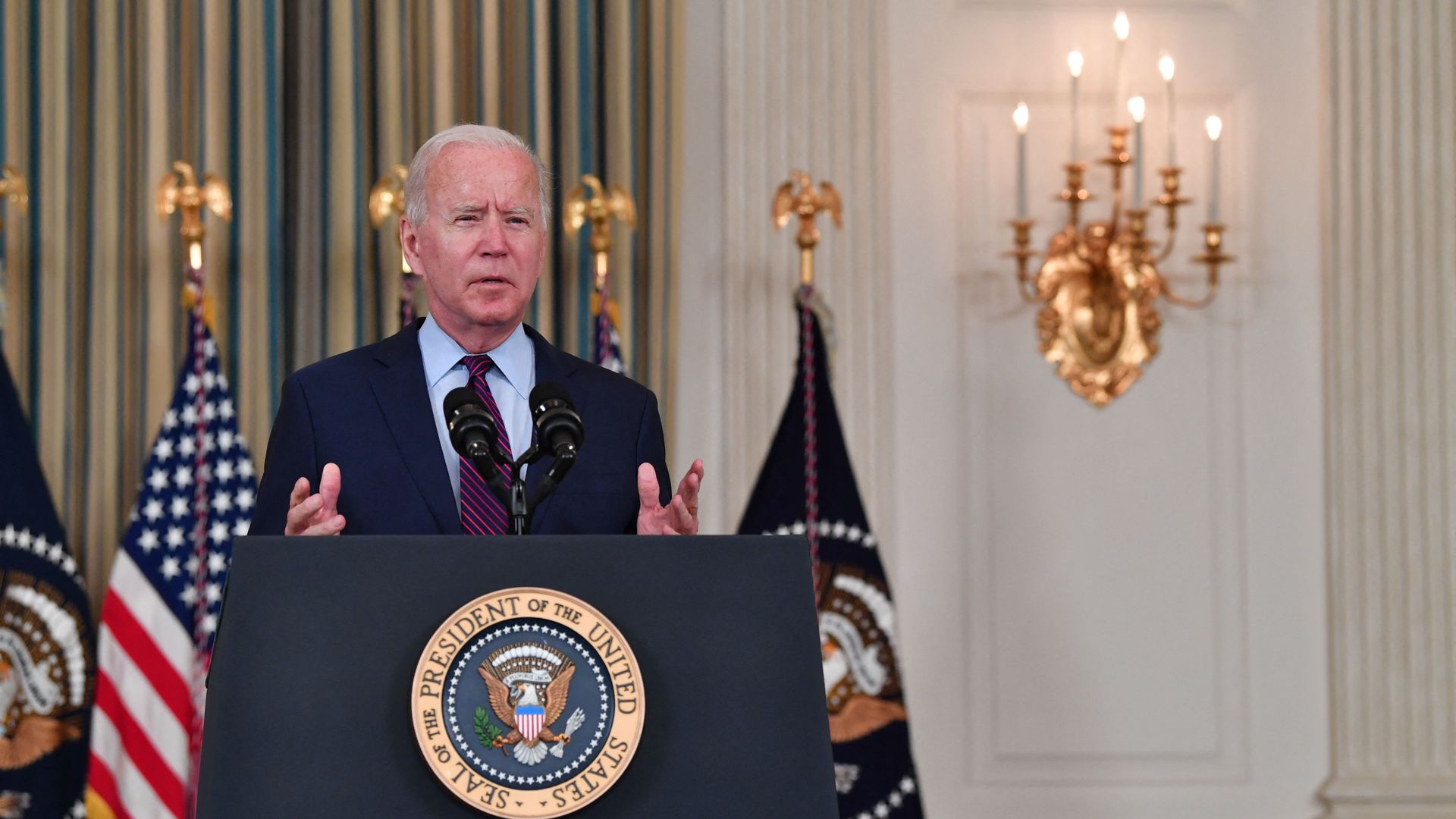 President Joe Biden delivers remarks on the debt ceiling from the State Dining Room of the White House on October 4, 2021 in Washington, DC.