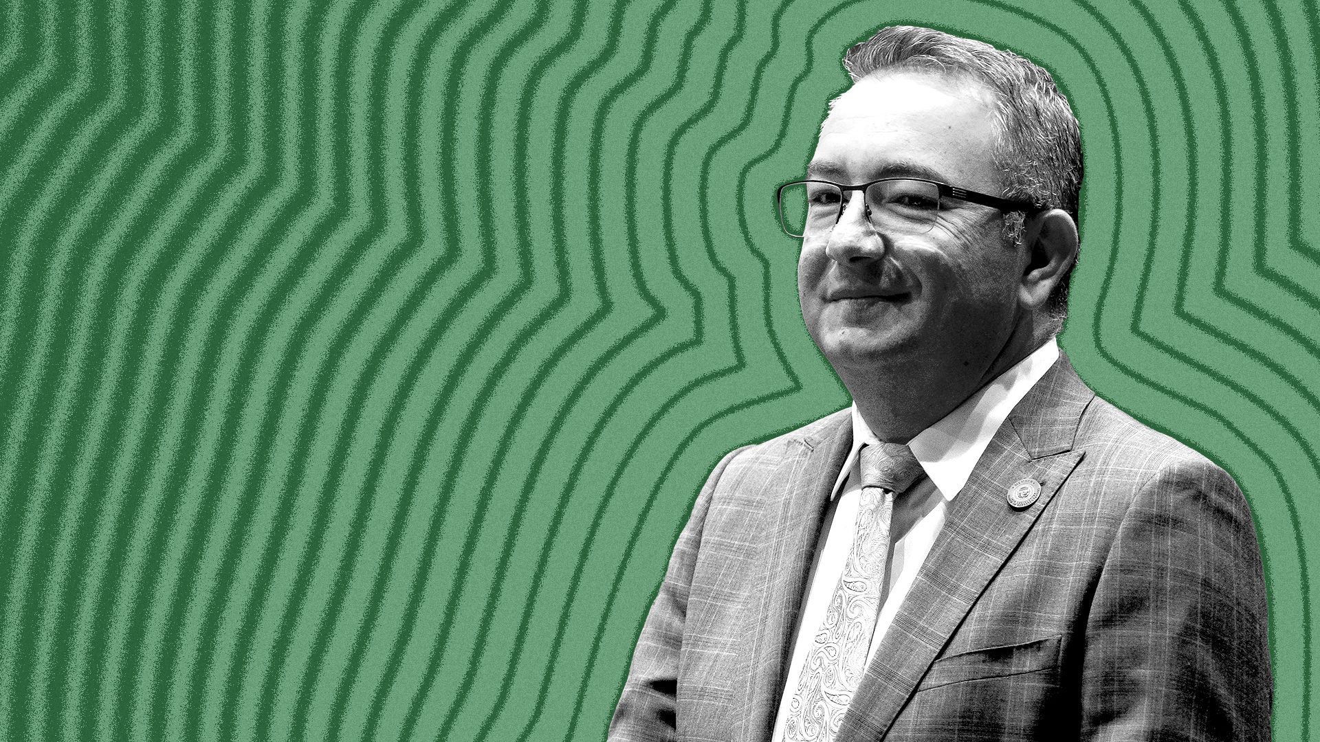 Illustration of Ben Toma, with radiating lines. 