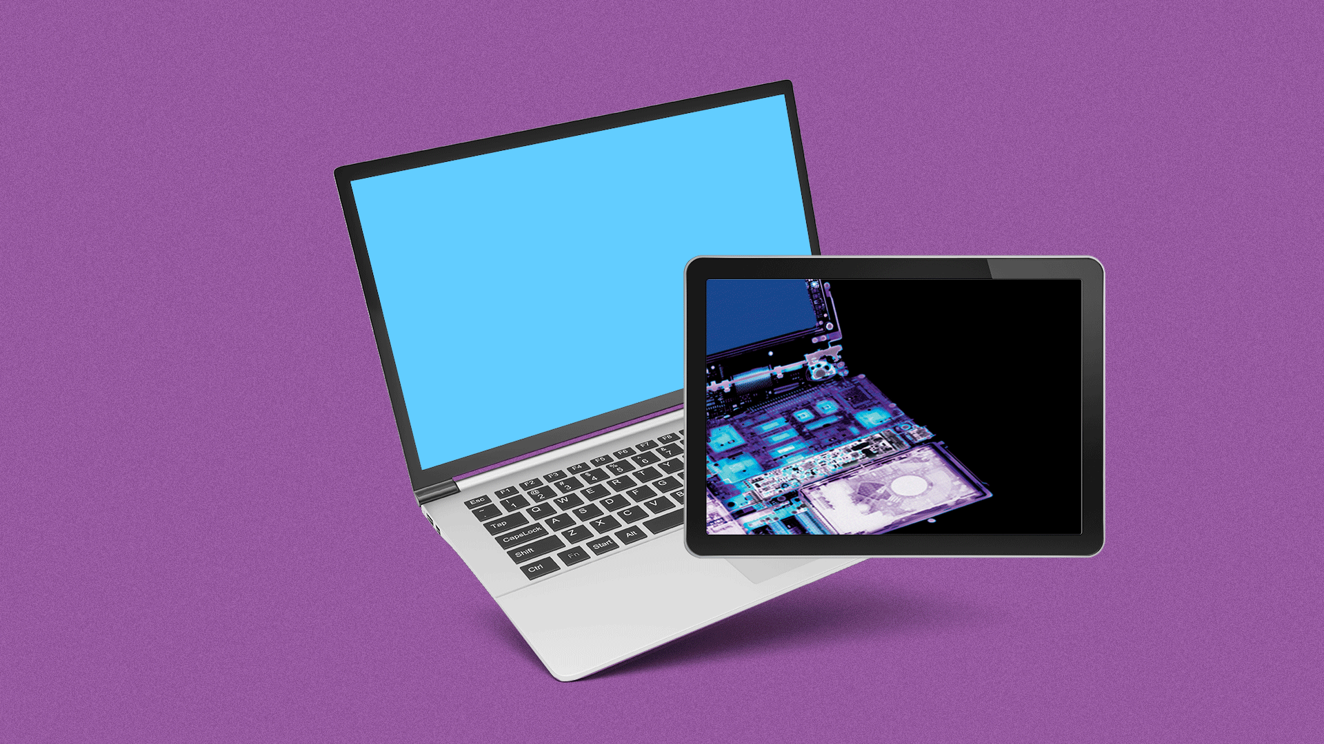 Illustration of an tablet showing an x-ray of a laptop.