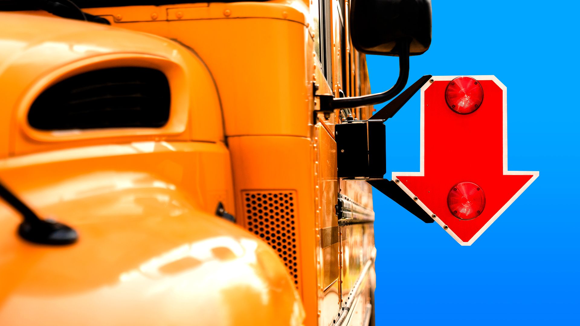 Illustration of a school bus with a downward pointing arrow in place of the stop sign