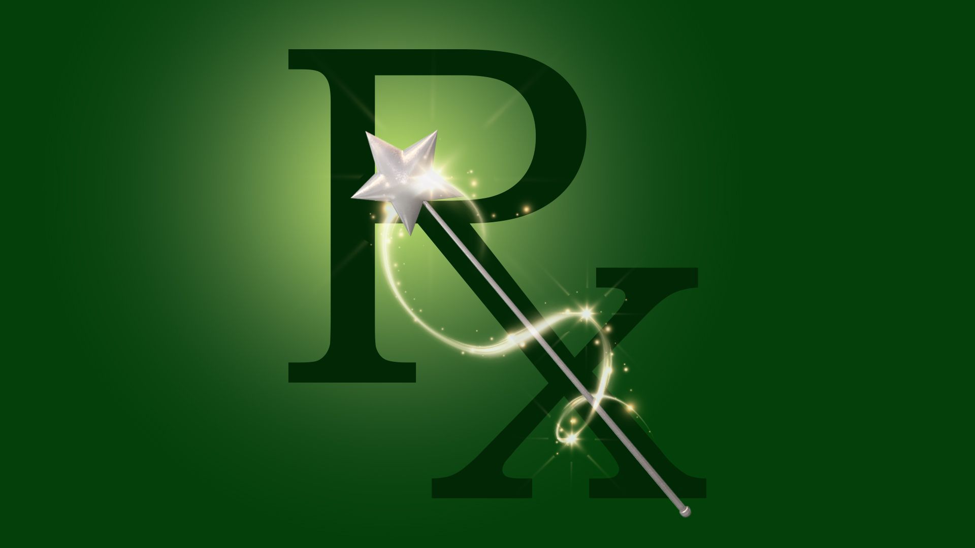 Illustration of the Rx prescription symbol with a magic want and sparkle trail on top of it