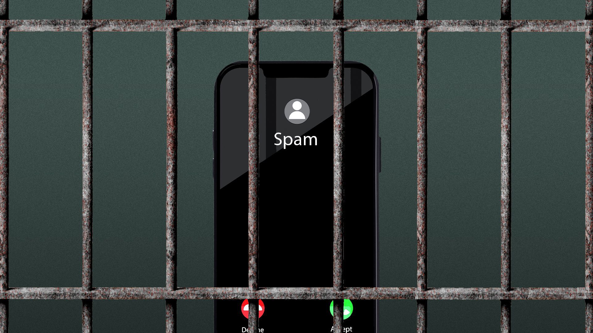 Illustration of an incoming call spam notification on a phone behind prison bars 