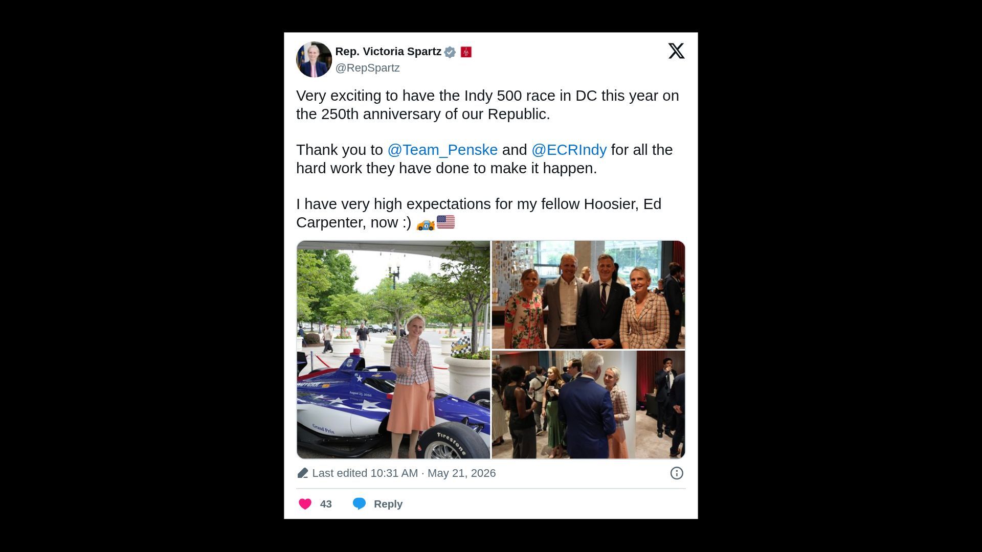 Screenshot of a tweet by Rep. Victoria Spartz praising the Indy 500 in DC for the 250th anniversary; a collage shows a woman with a blue Indy car, a group with officials, and people indoors.