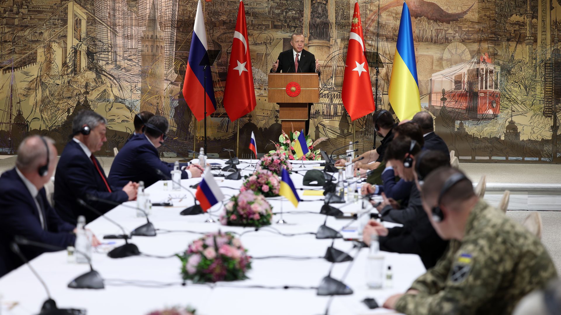 Turkish President Recep Tayyip Erdogan speaks ahead of the peace talks between delegations from Russia and Ukraine at Dolmabahce Presidential Office in Istanbul, Turkiye on March 29.