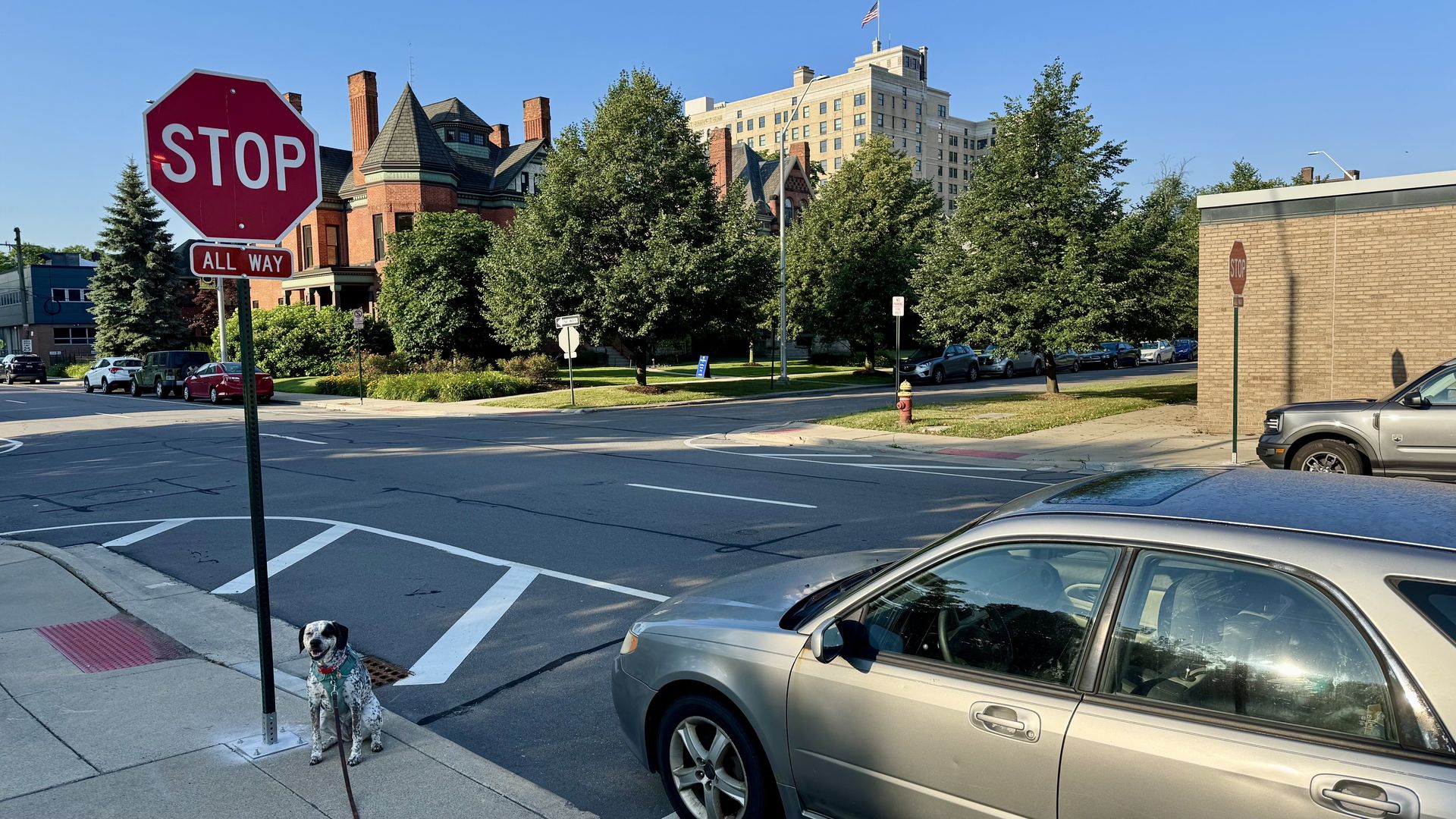 An intersection is shown with two stop signs on a one-way