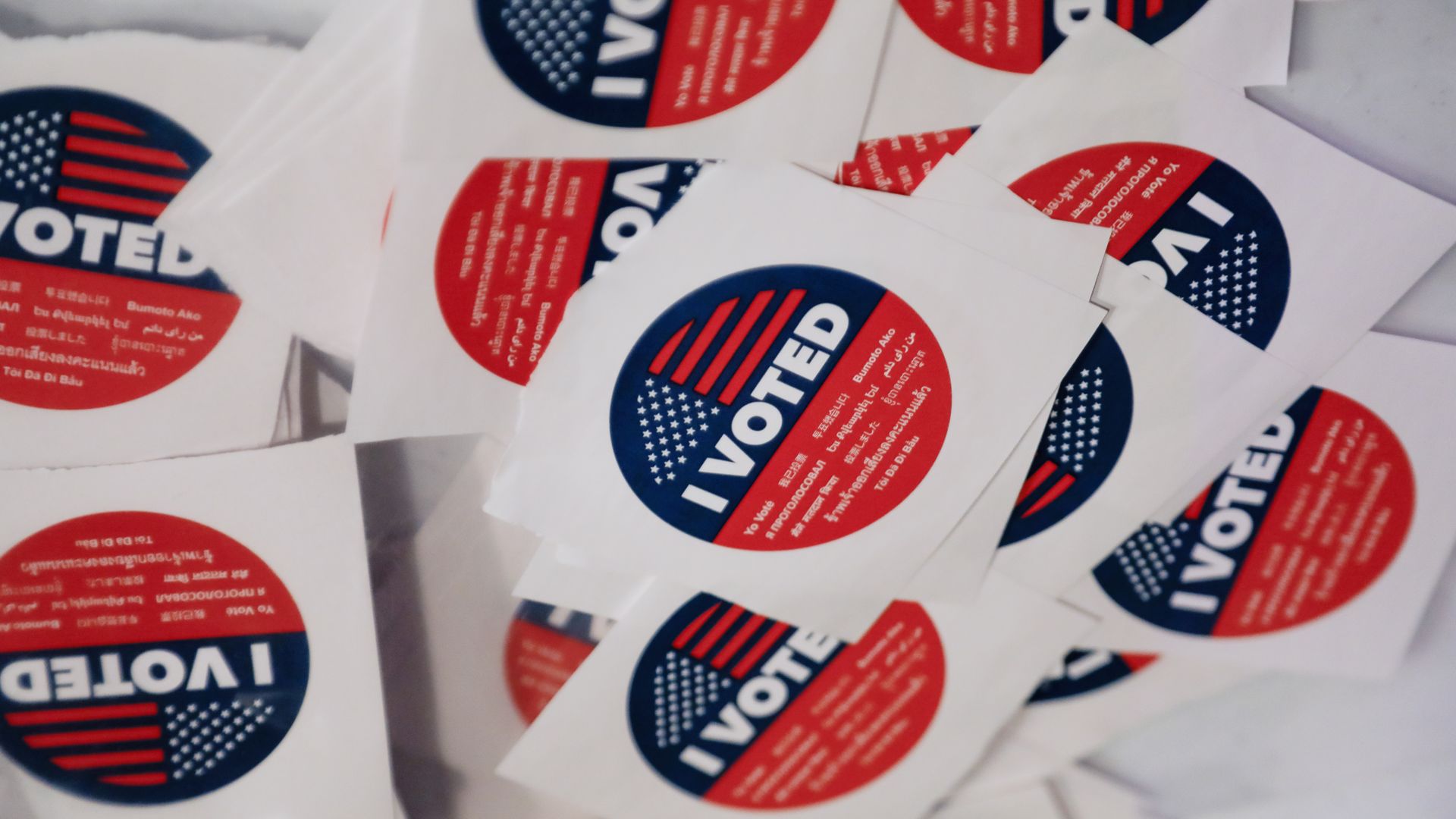 A table of "I Voted" stickers.