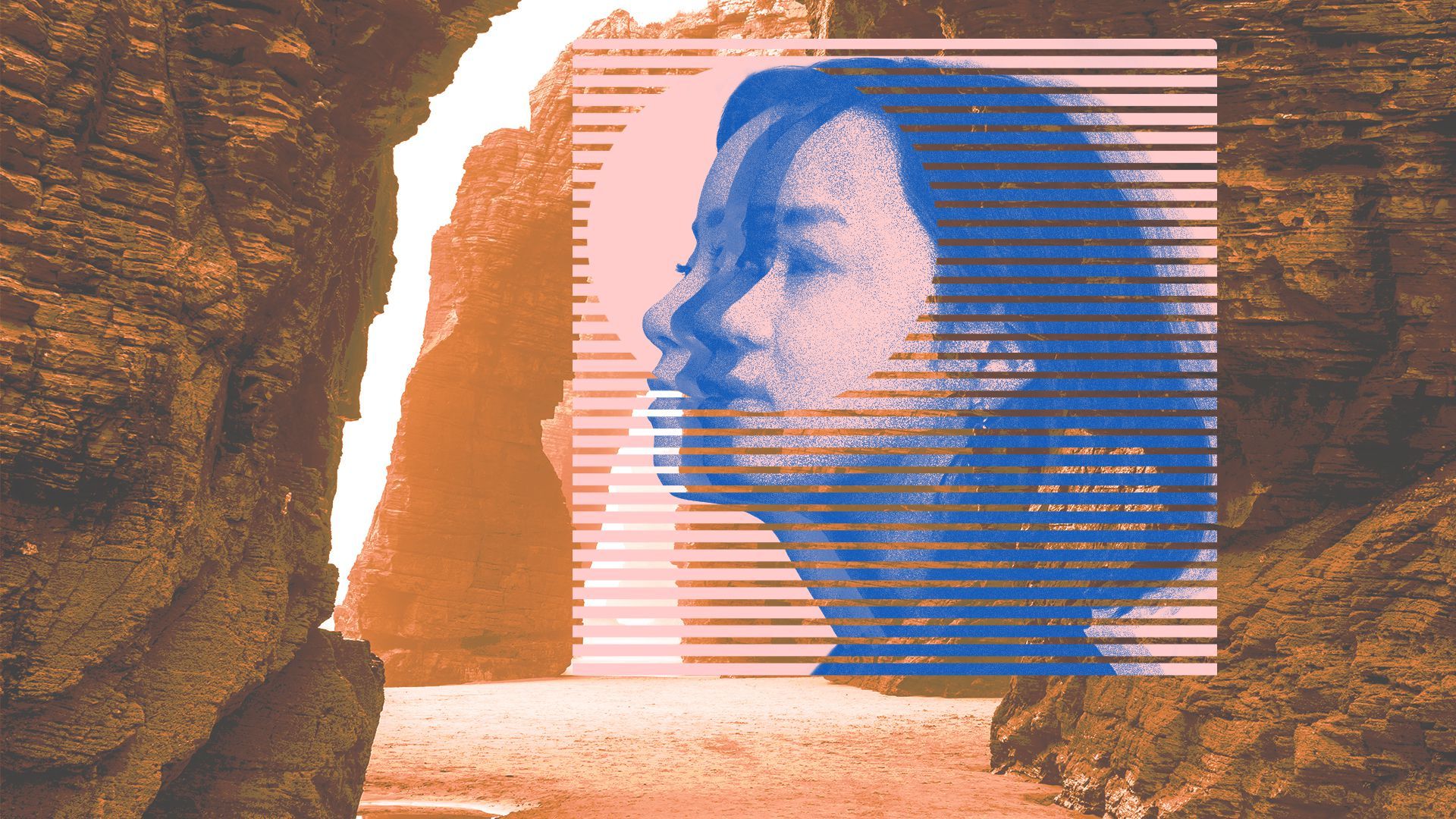 Illustration of an overlapping layer of photos of a woman with rocky cliffs in the background.