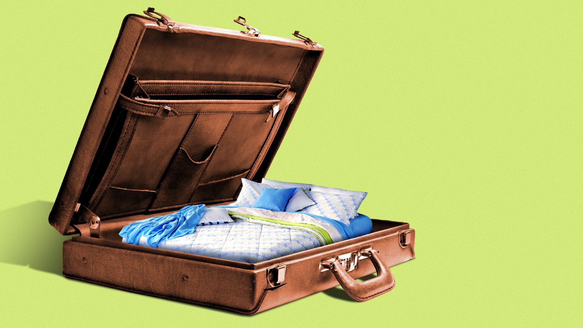 Illustration of a bed inside of a briefcase.