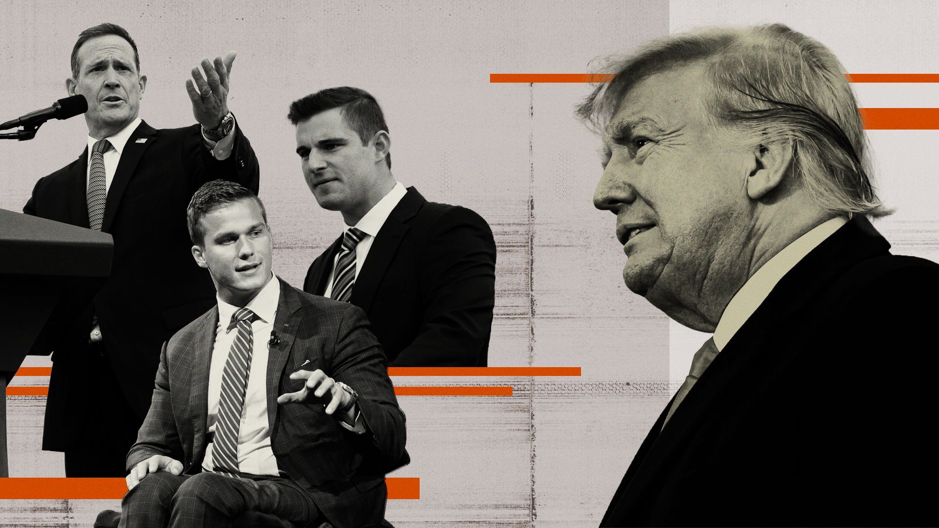 Photo illustration collage of Ted Budd, Bo Hines, Madison Cawthorn, and Donald Trump.