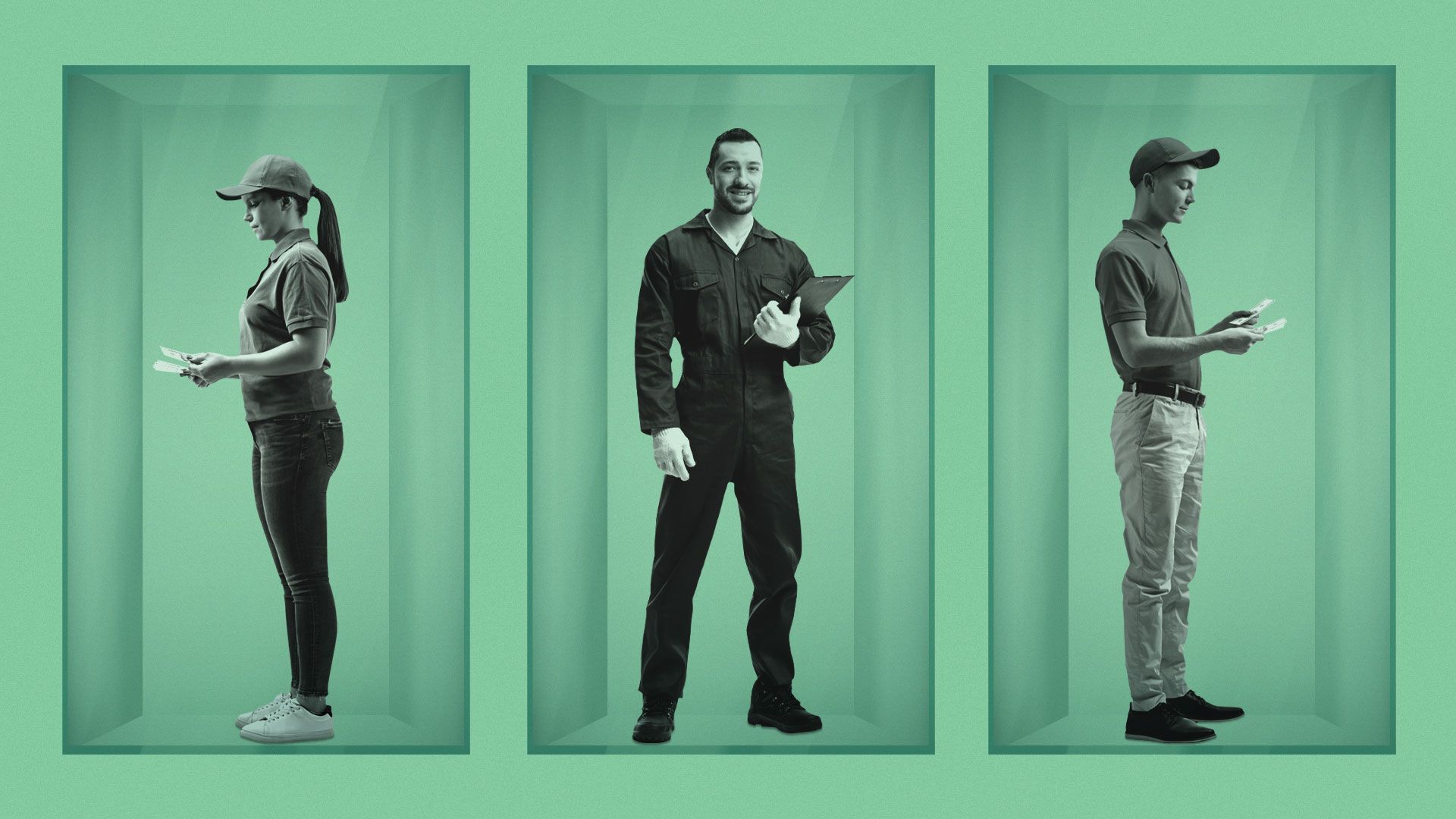 Illustration of three workers under glass boxes