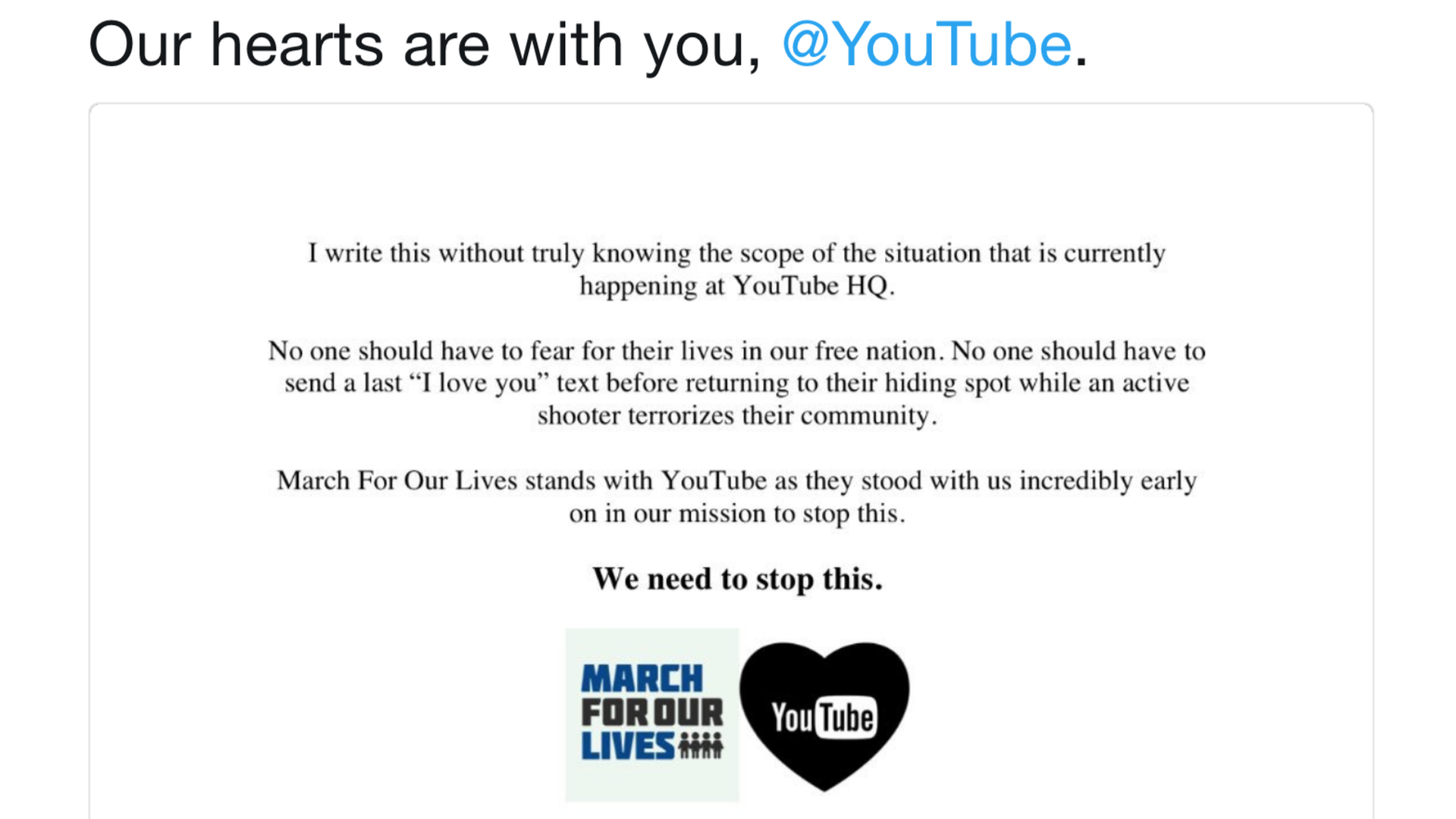 A tweet from March for our Lives organizers showing solidarity after the shooting at YouTube
