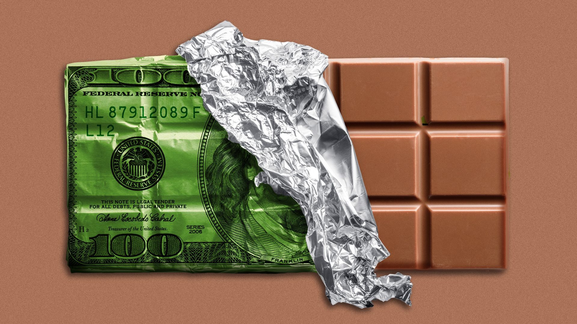 Illustration of a chocolate bar wrapped in a 100 dollar bill wrapper